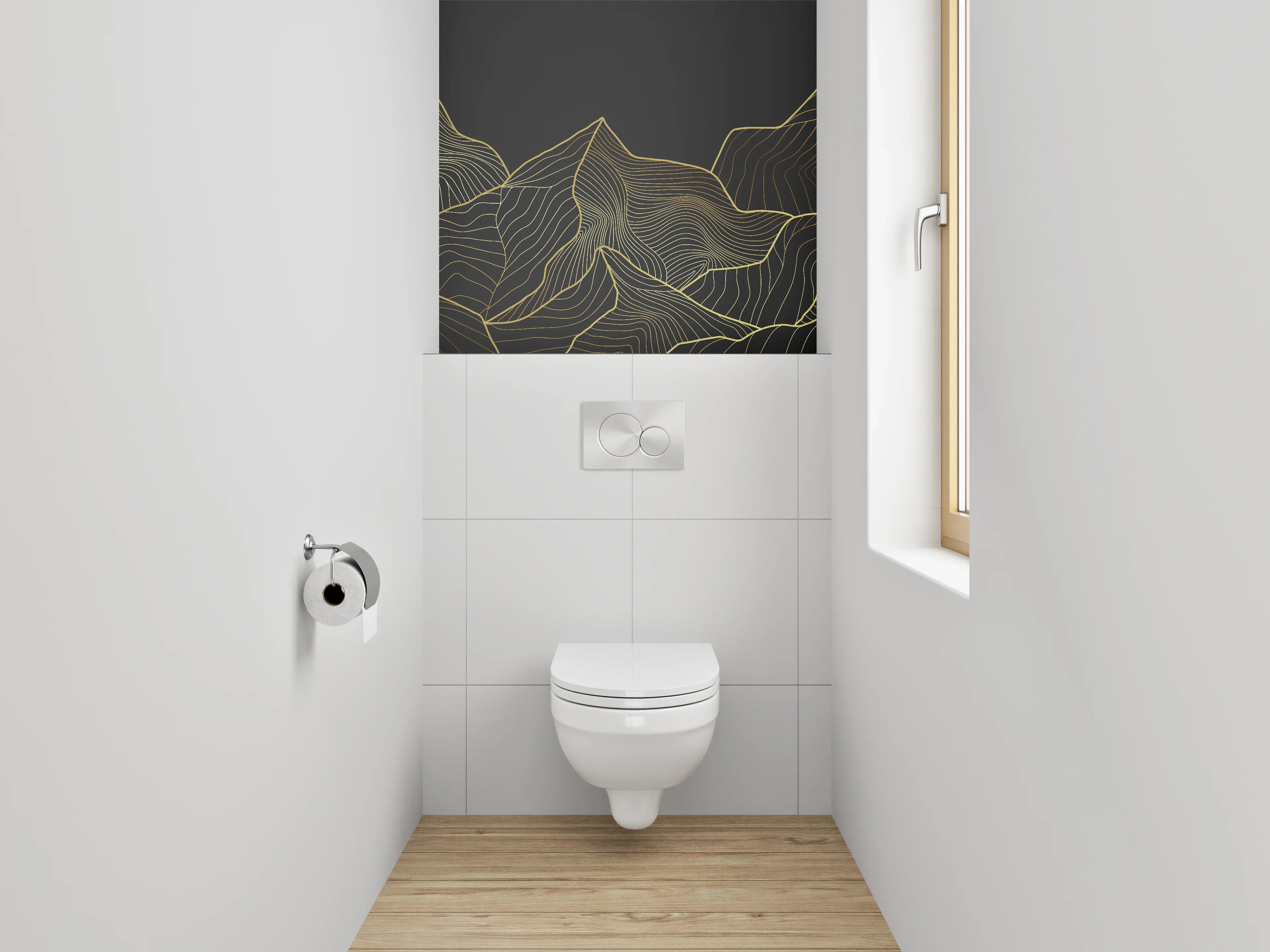 WC-Rückwand - Goldene Linien-Berglandschaft Design