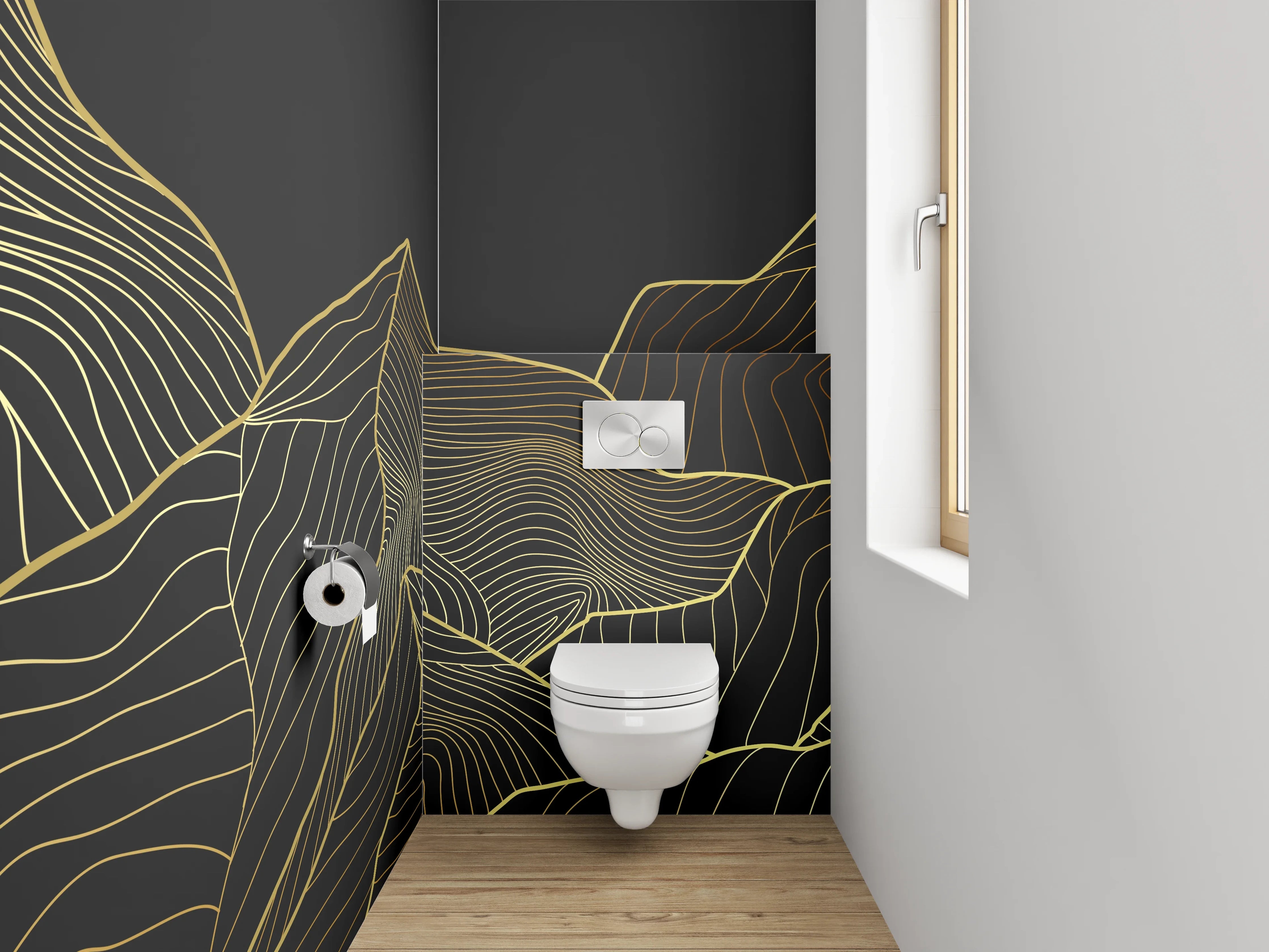 WC-Rückwand - Goldene Linien-Berglandschaft Design