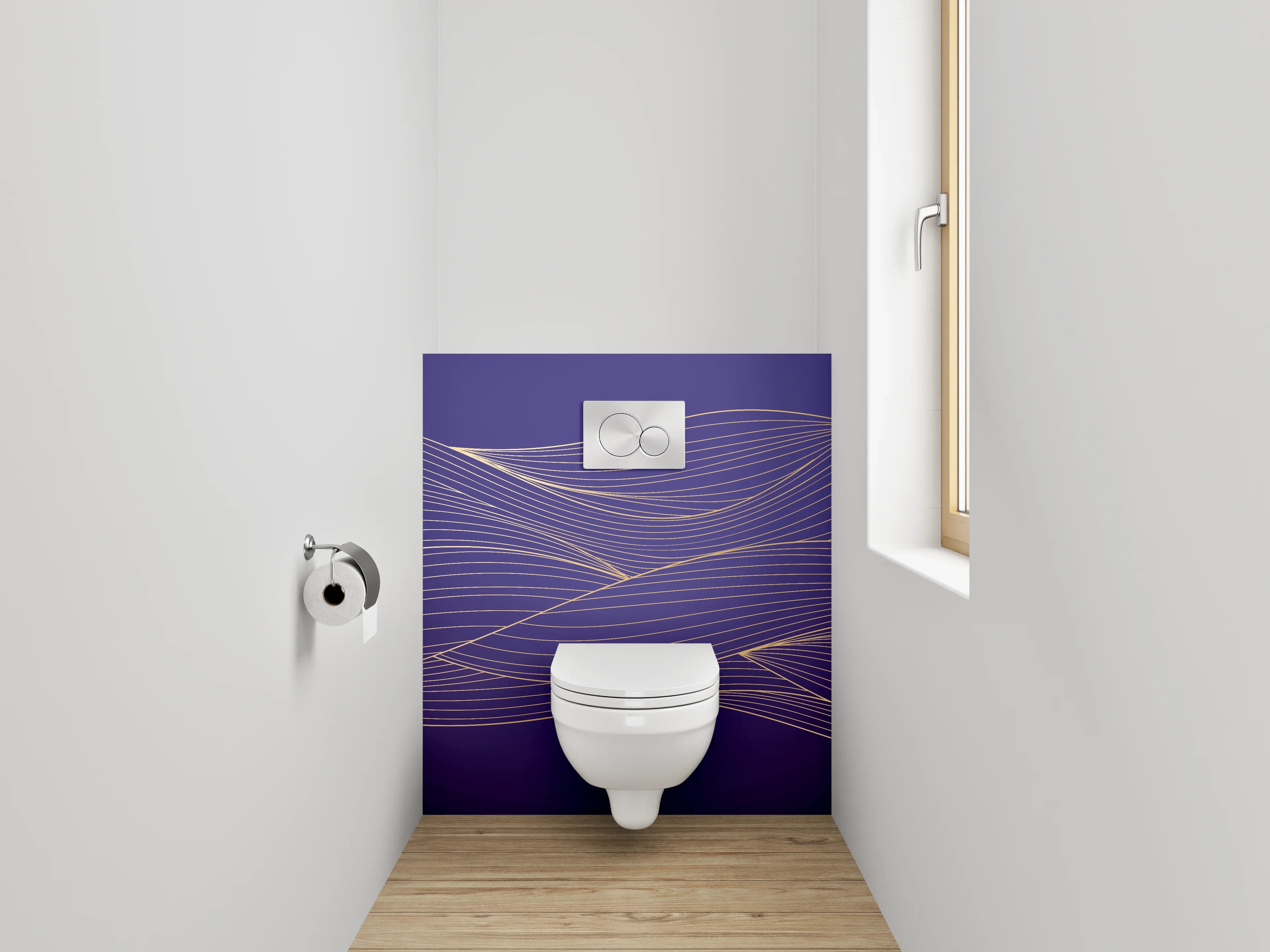 WC-Rückwand - Goldene Linien auf violettem Hintergrund