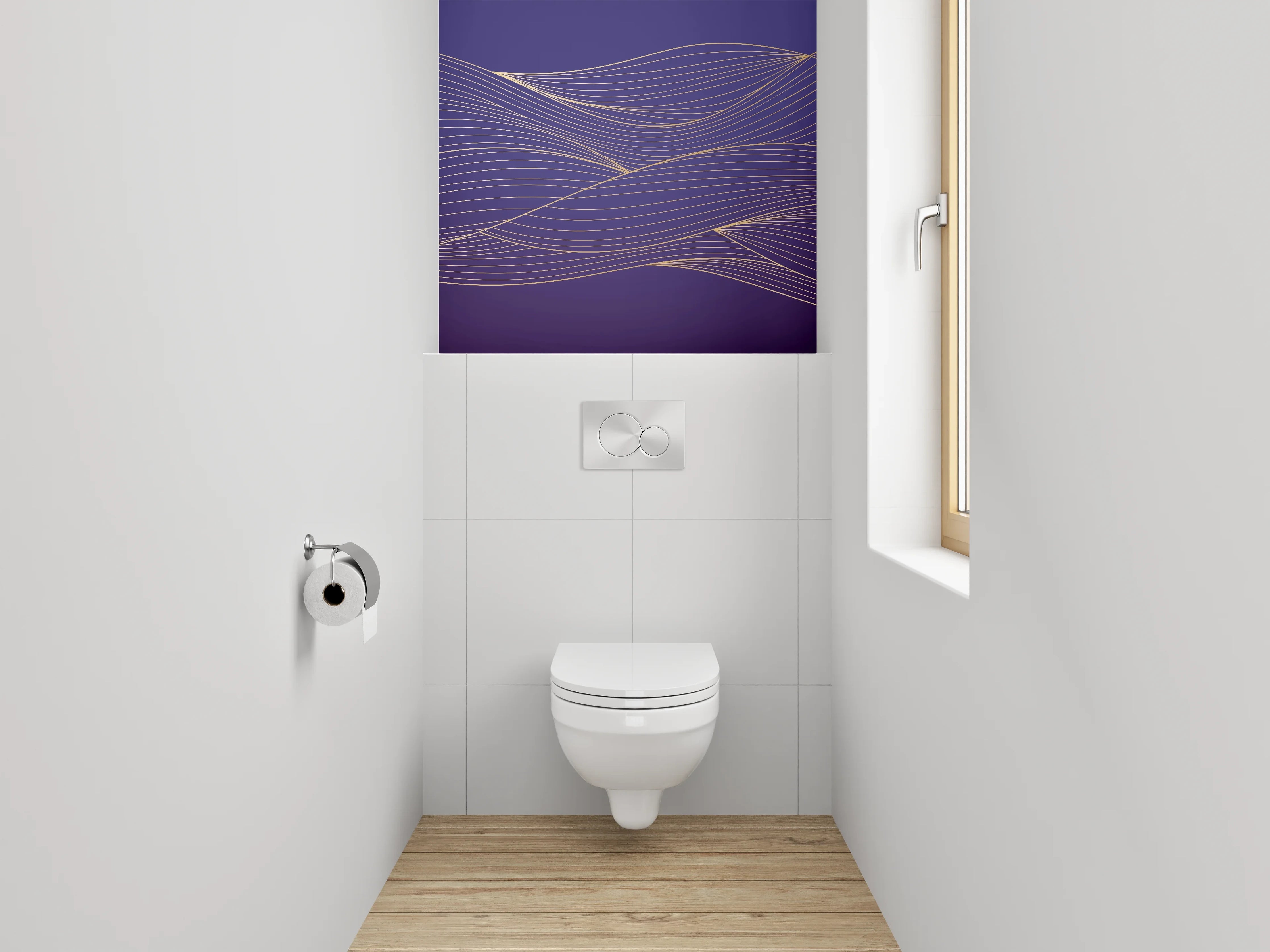 WC-Rückwand - Goldene Linien auf violettem Hintergrund