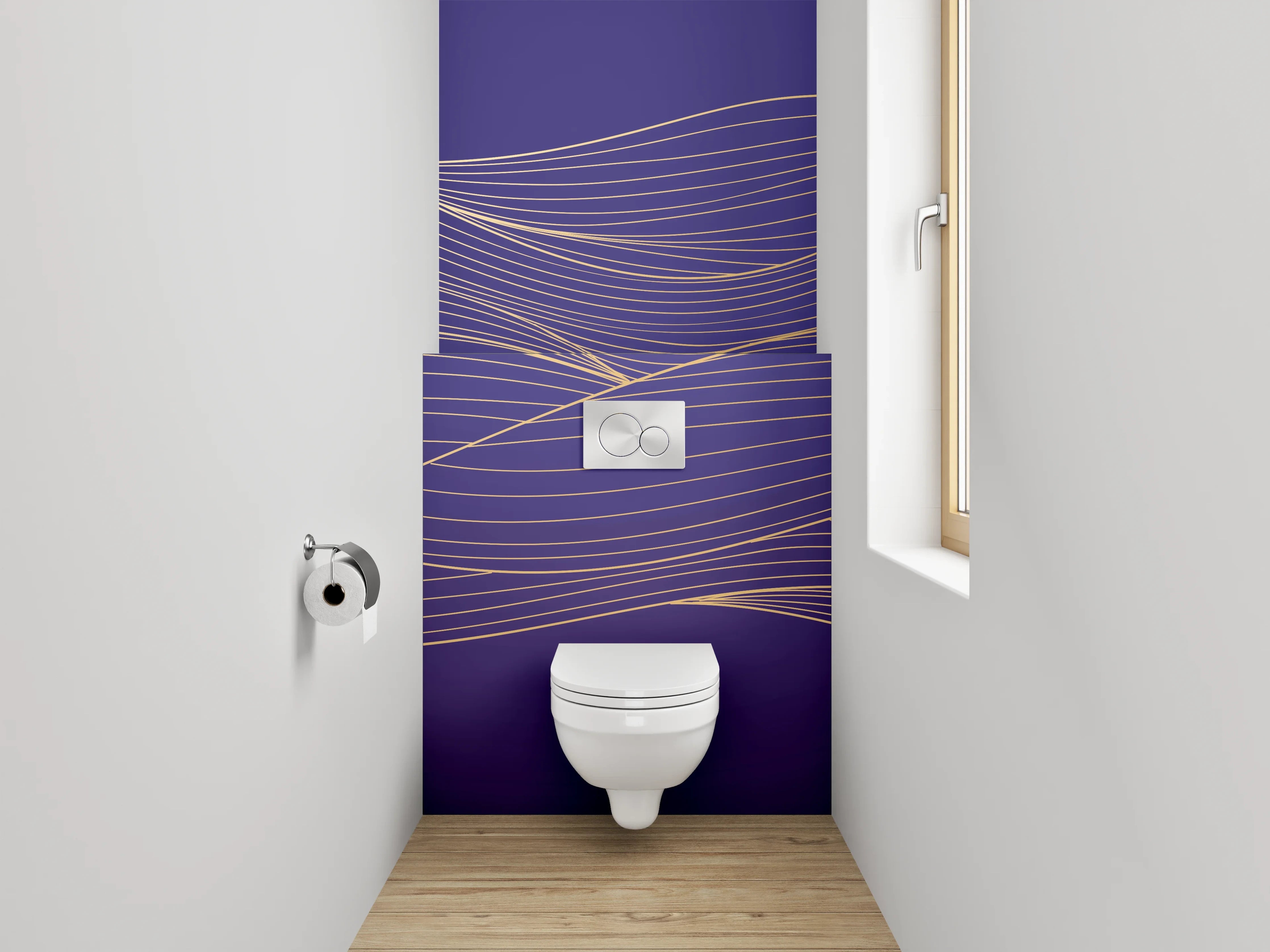 WC-Rückwand - Goldene Linien auf violettem Hintergrund