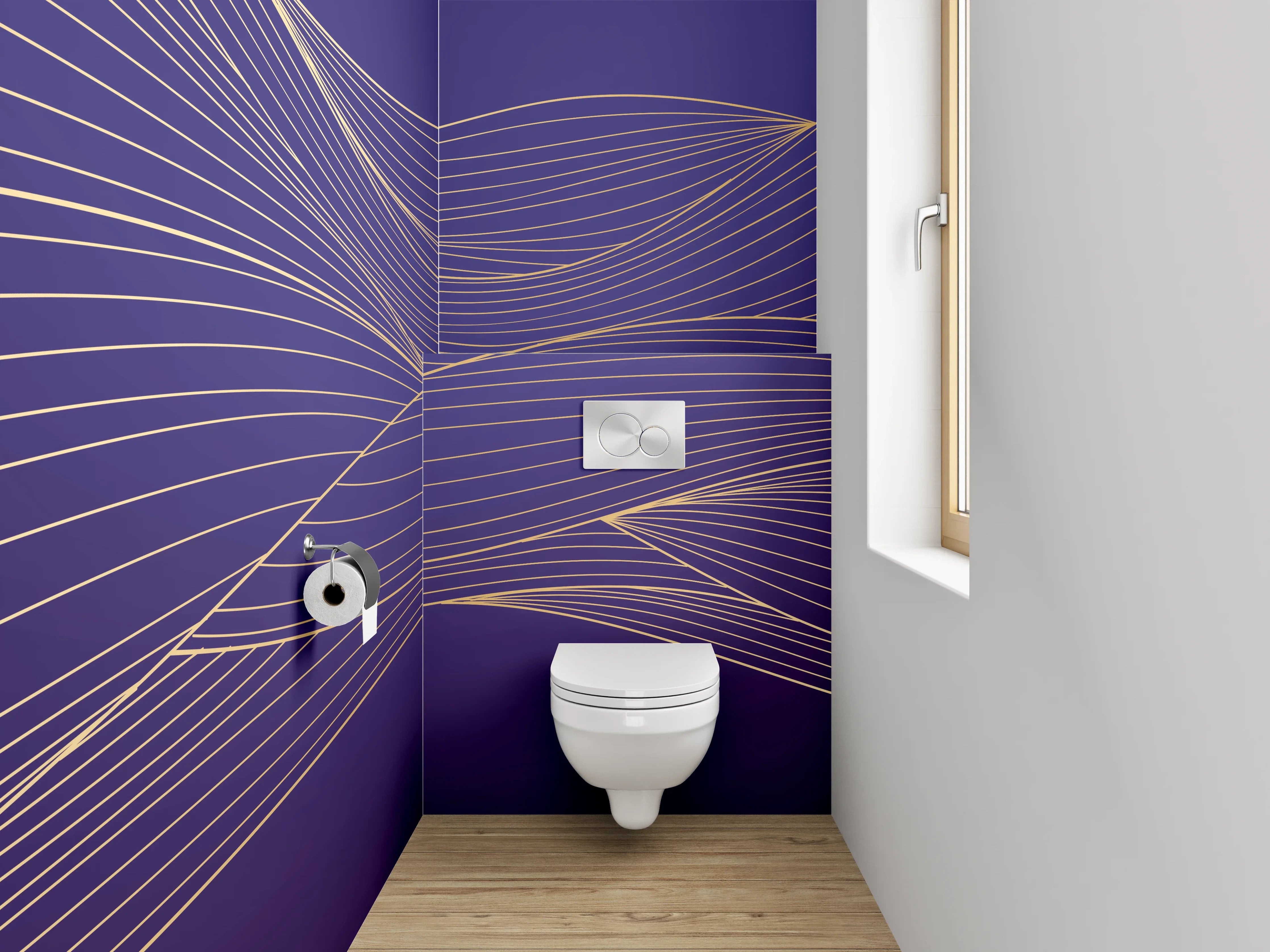 WC-Rückwand - Goldene Linien auf violettem Hintergrund