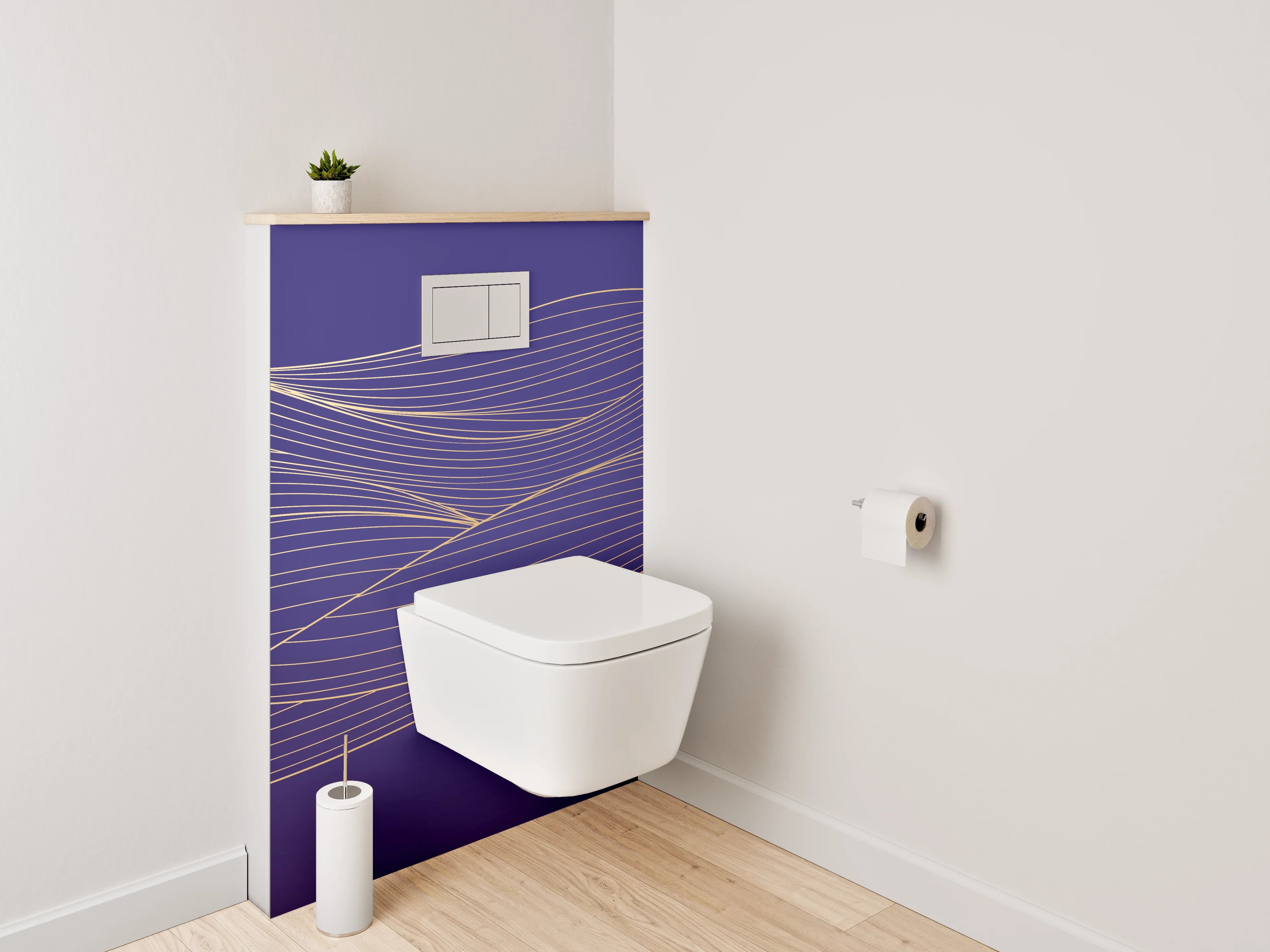 WC-Rückwand - Goldene Linien auf violettem Hintergrund