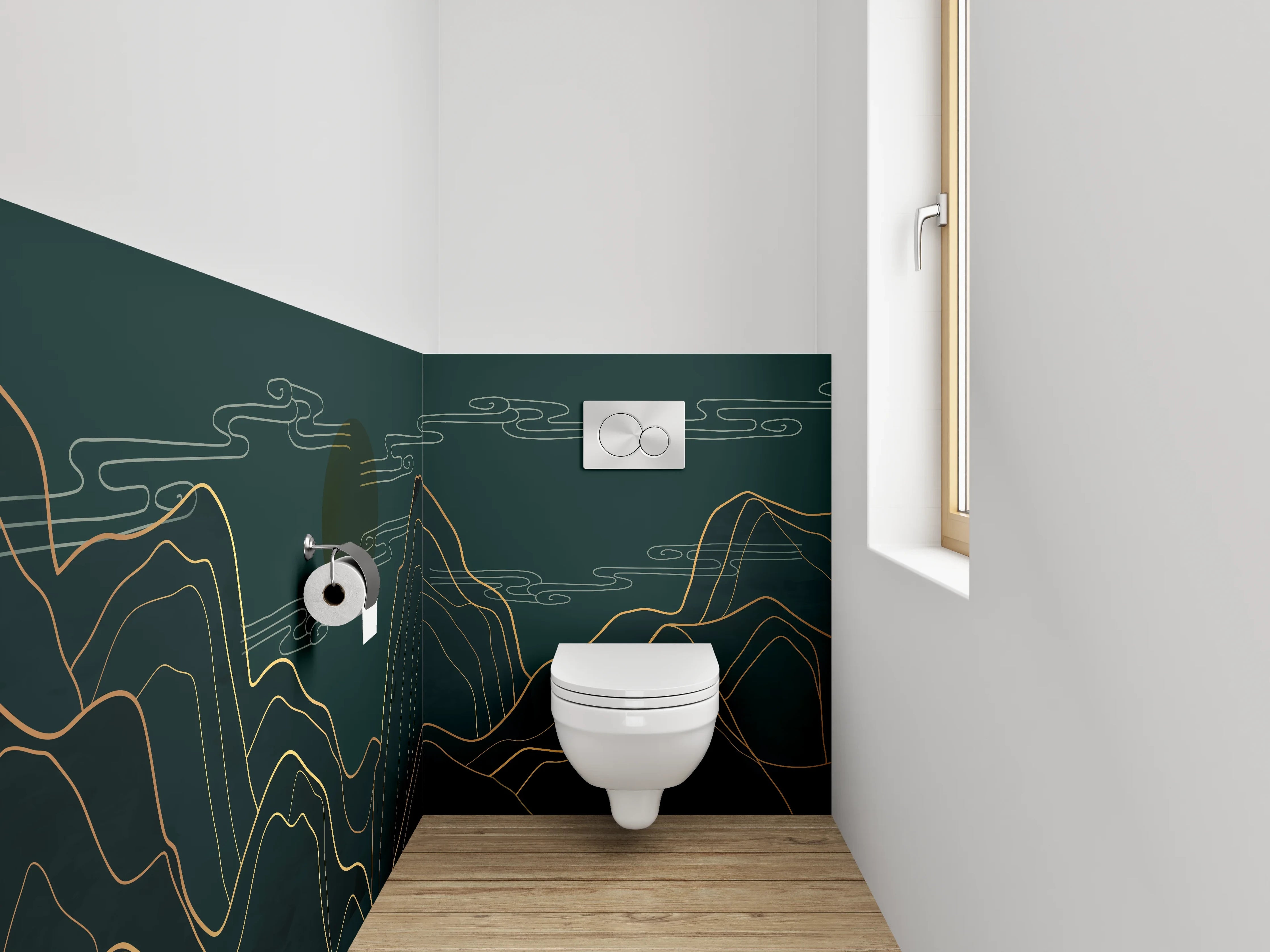 WC-Rückwand - Goldene Linienkunst Berge Nacht