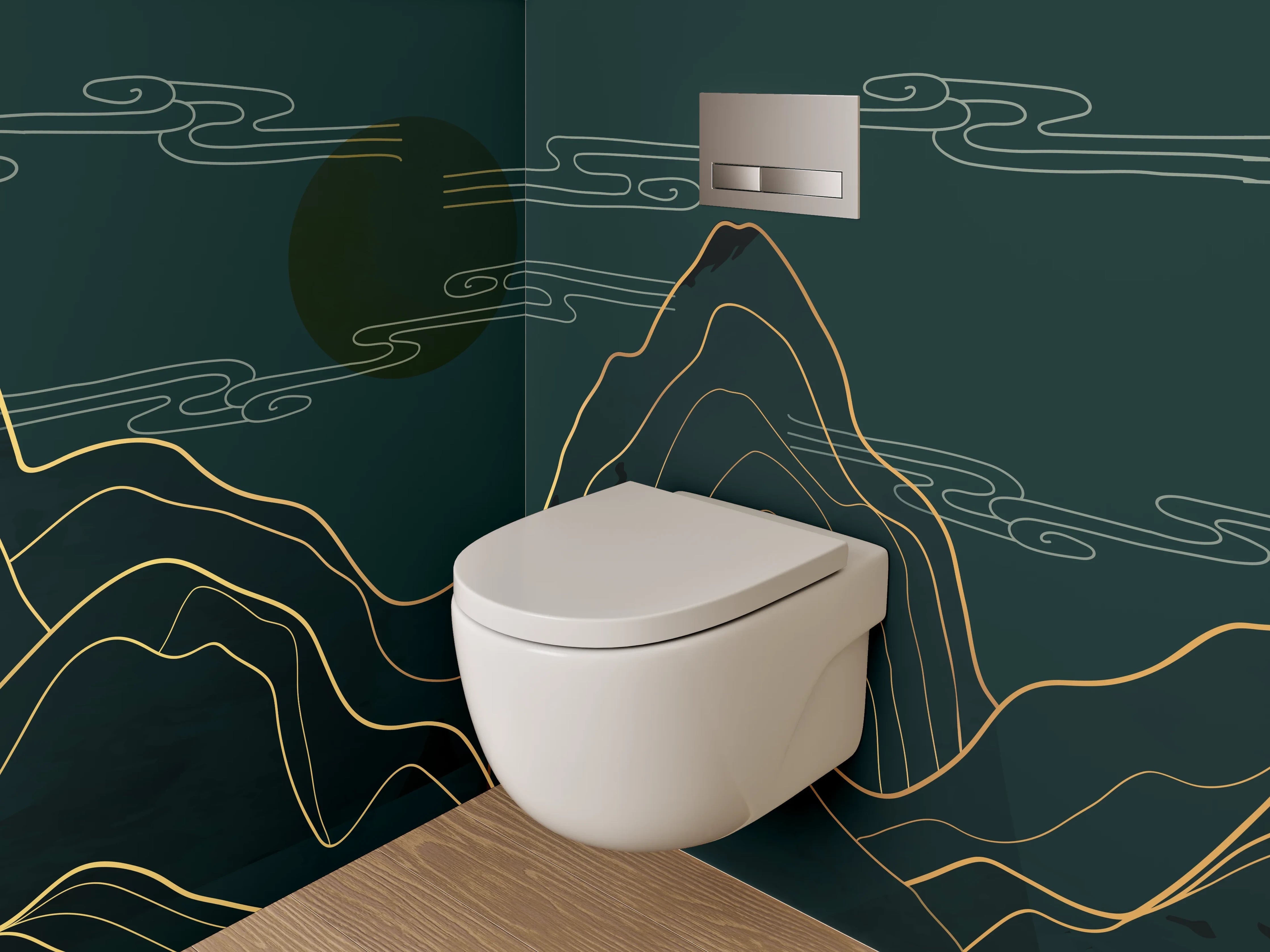WC-Rückwand - Goldene Linienkunst Berge Nacht