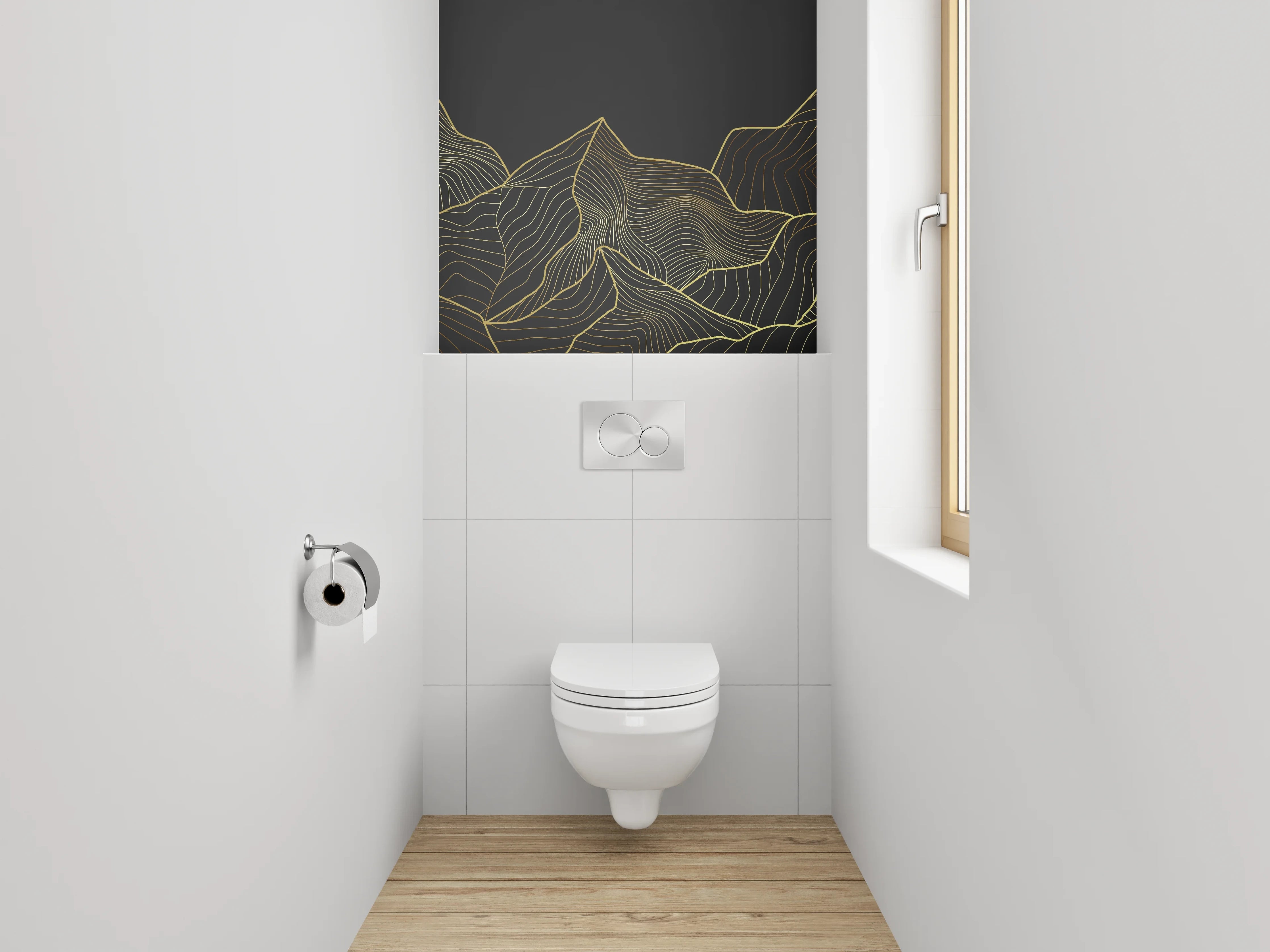WC-Rückwand - Goldene Linienkunst Berge