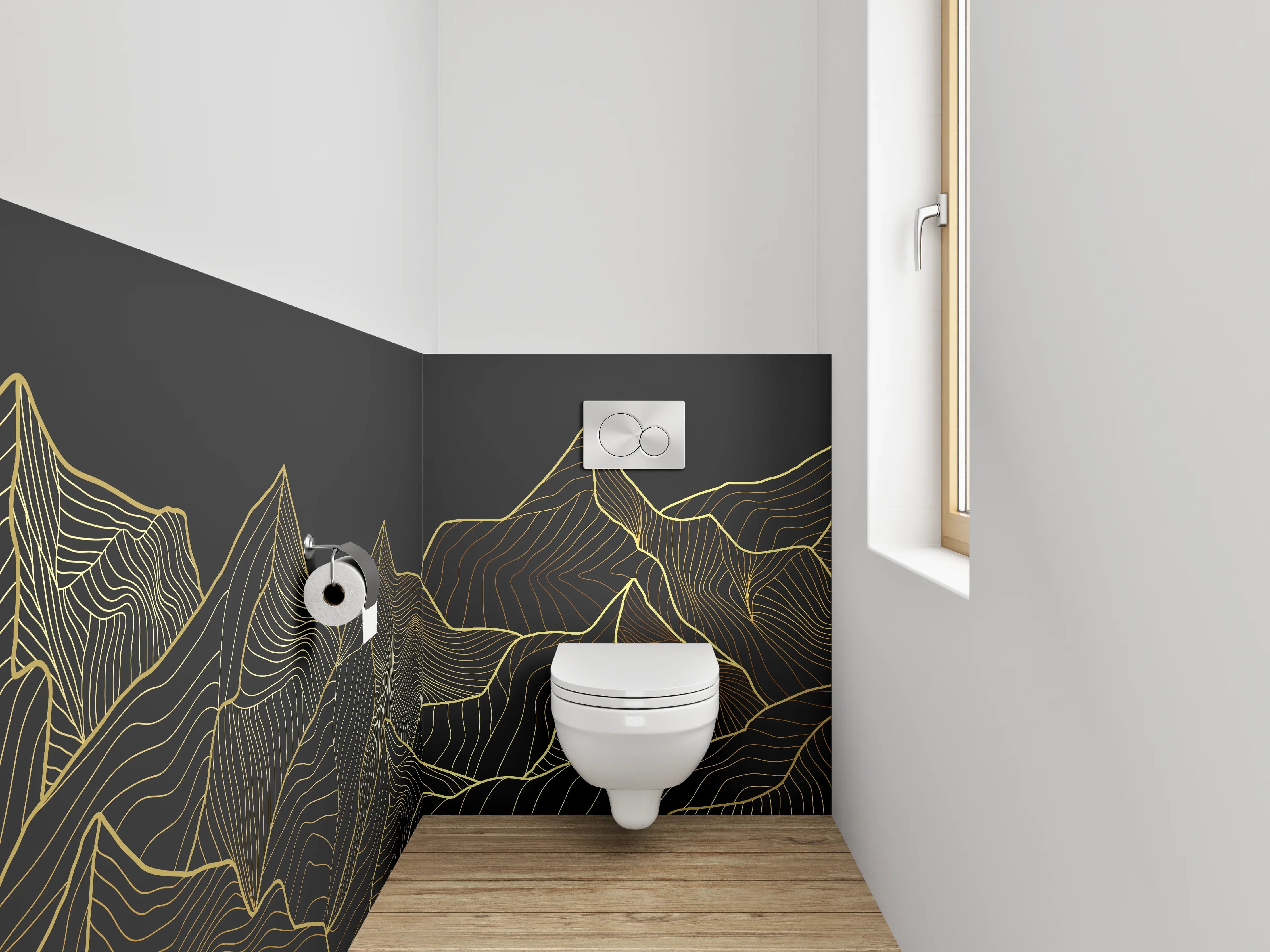WC-Rückwand - Goldene Linienkunst Berge