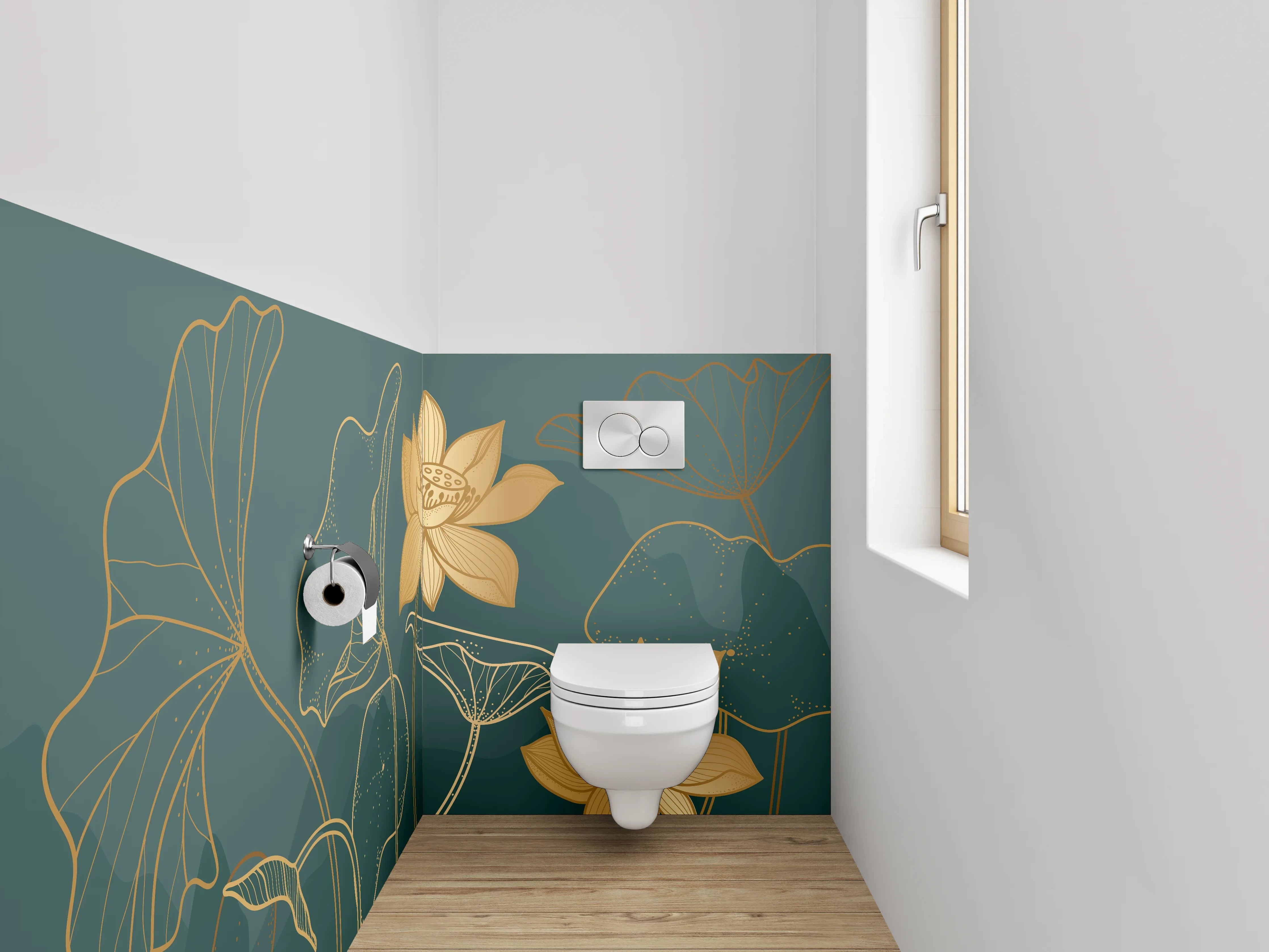 WC-Rückwand - Goldene Lotusblüten Line-Art Design