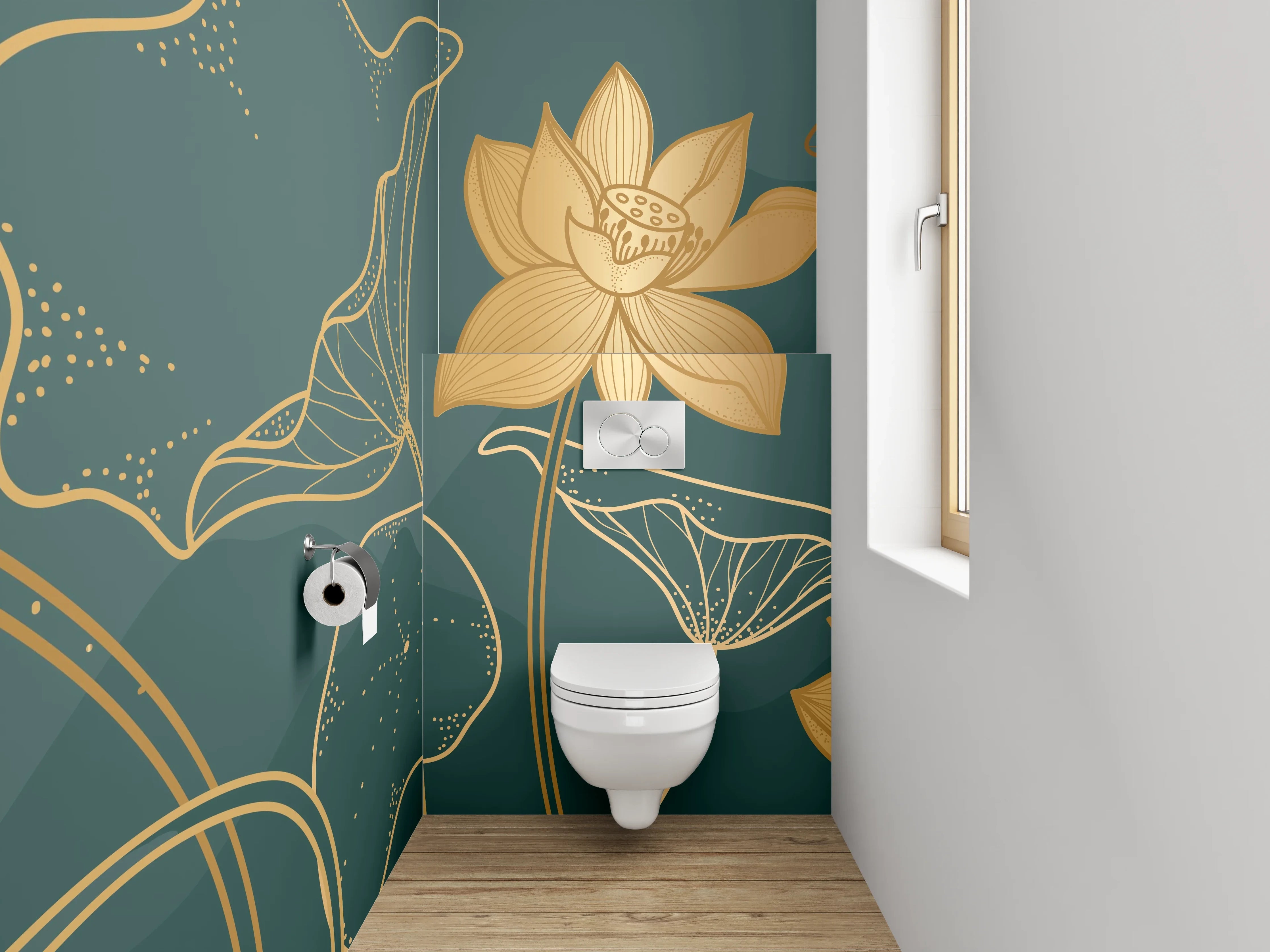 WC-Rückwand - Goldene Lotusblüten Line-Art Design