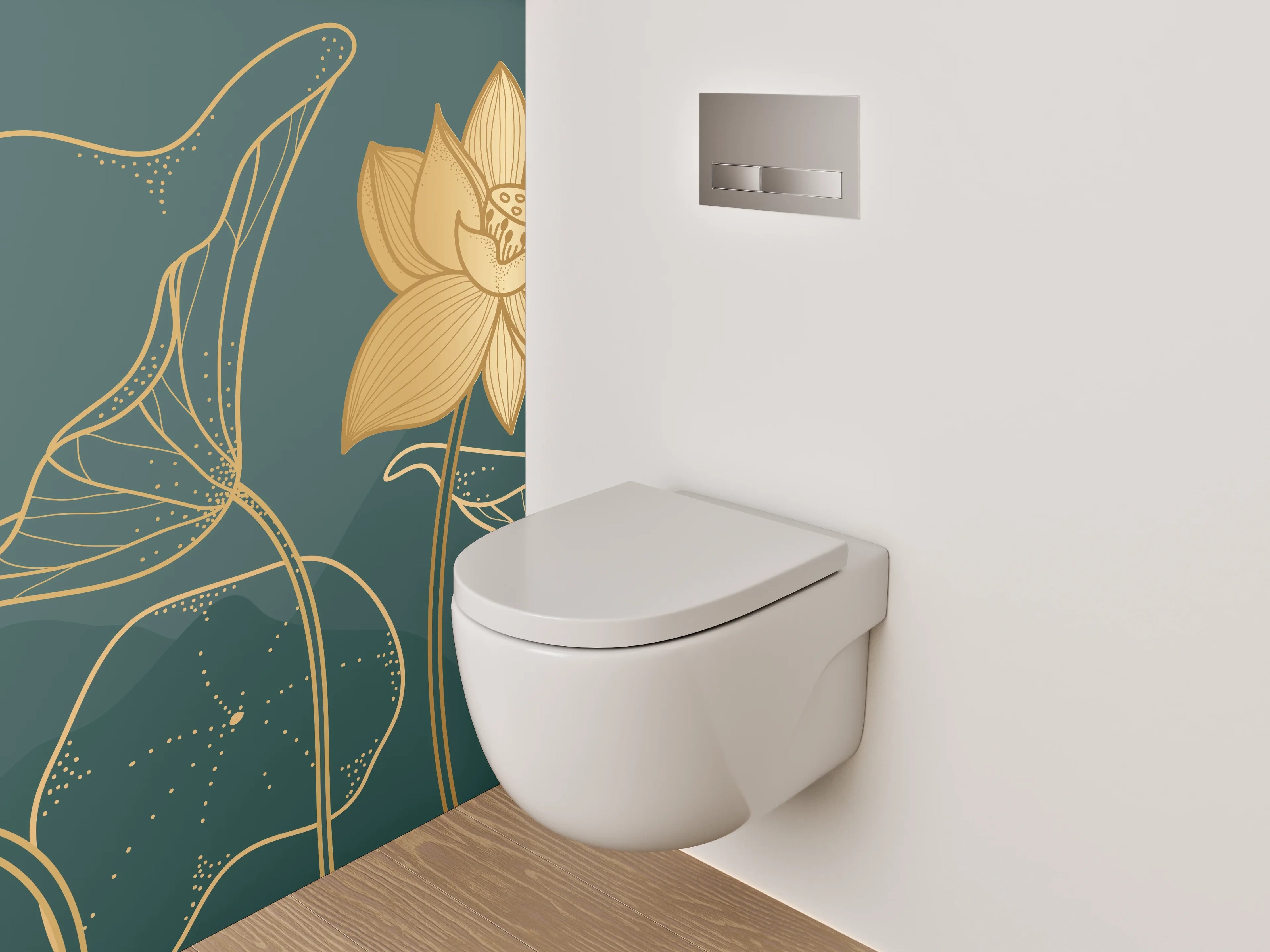 WC-Rückwand - Goldene Lotusblüten Line-Art Design
