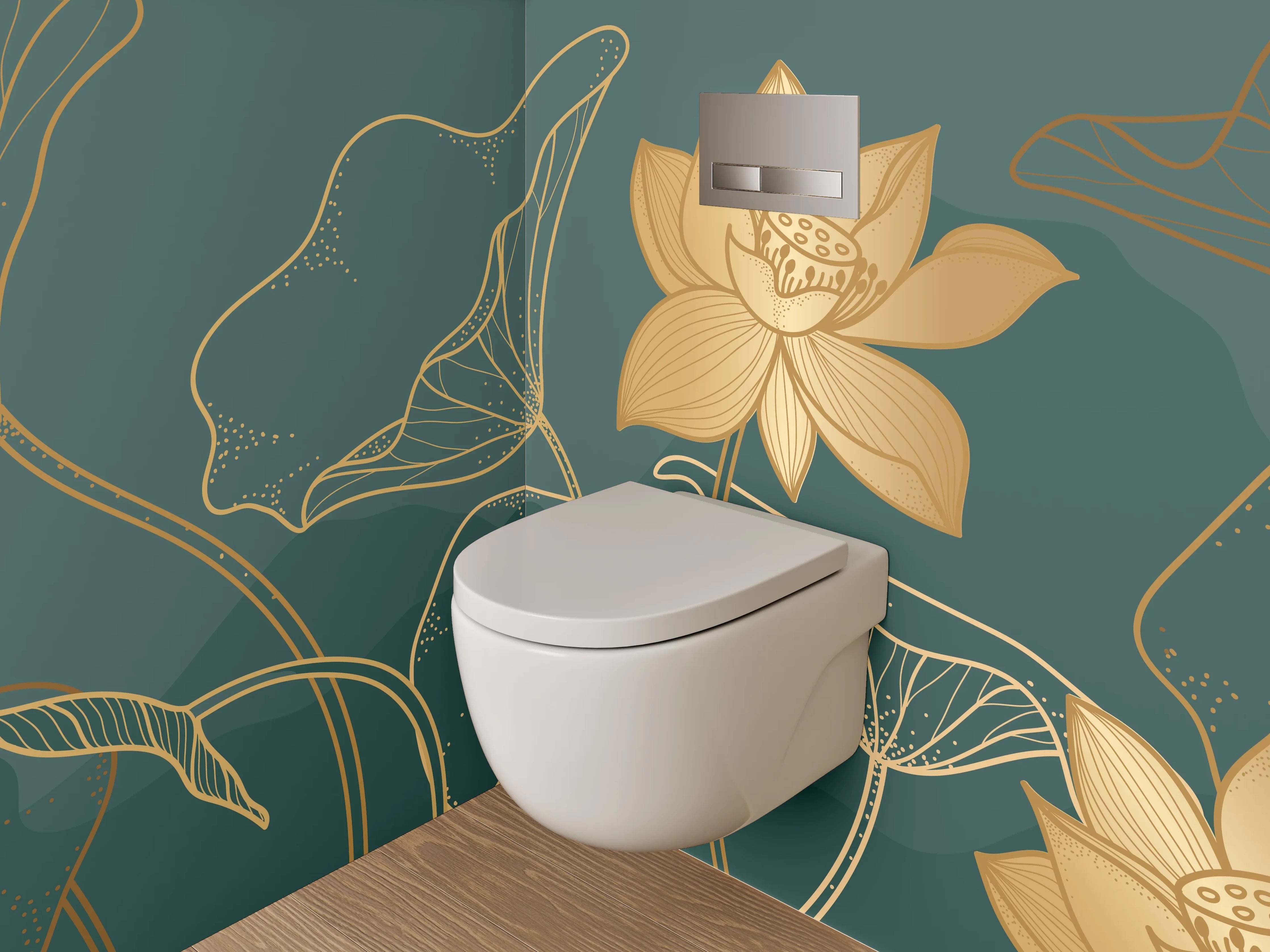 WC-Rückwand - Goldene Lotusblüten Line-Art Design