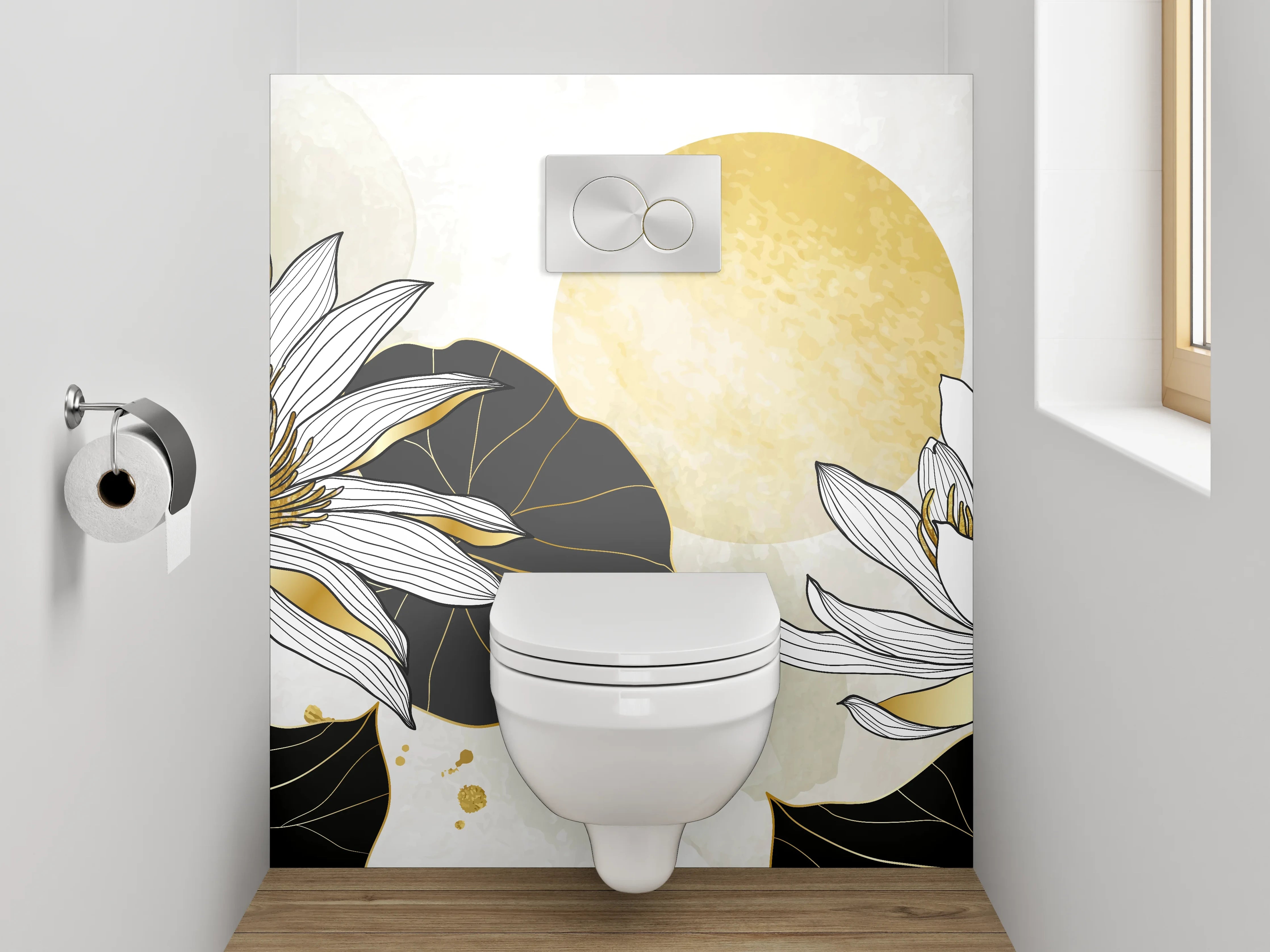 WC-Rückwand - Goldene Lotusblüten auf weißem Hintergrund
