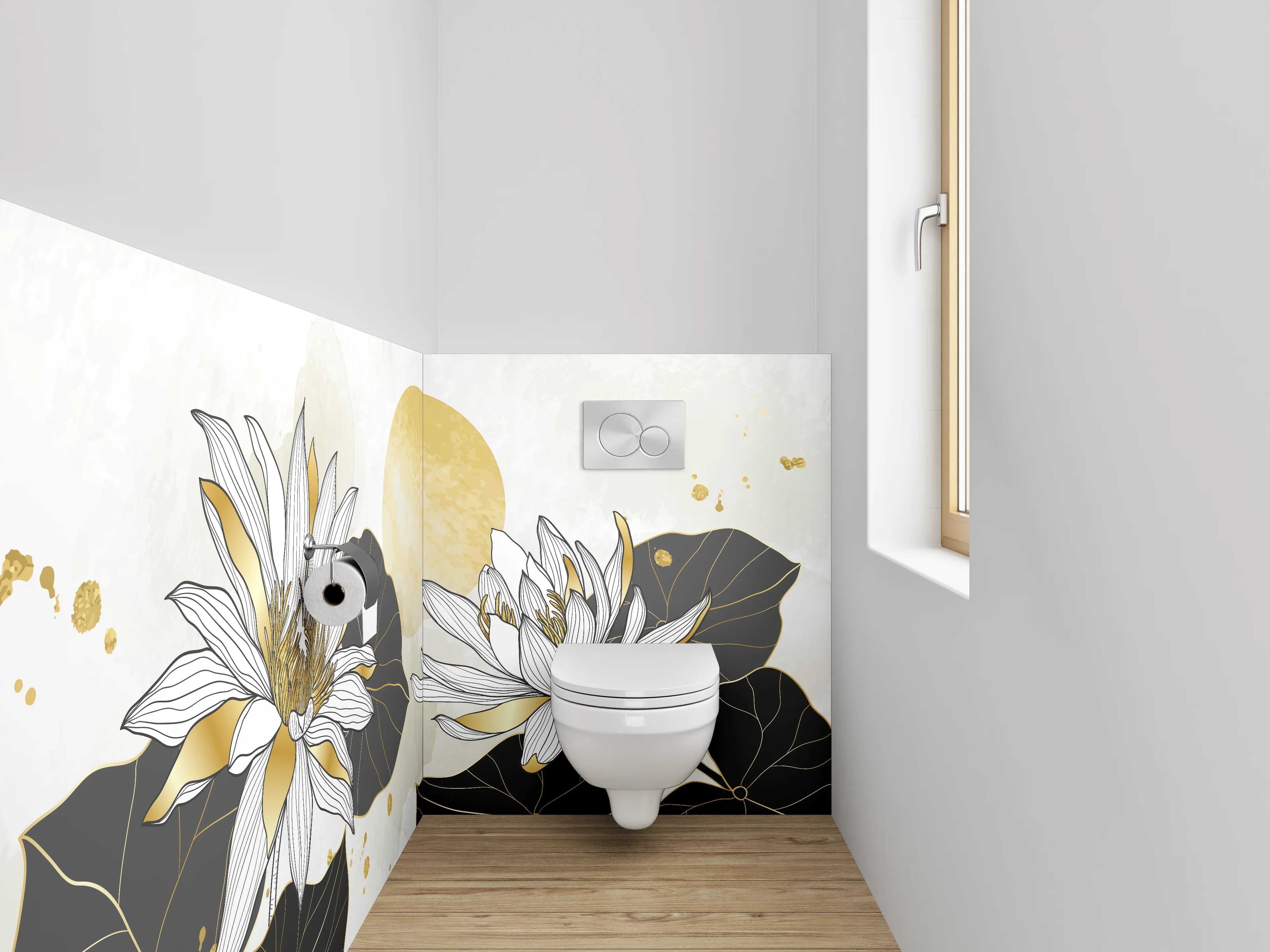 WC-Rückwand - Goldene Lotusblüten auf weißem Hintergrund