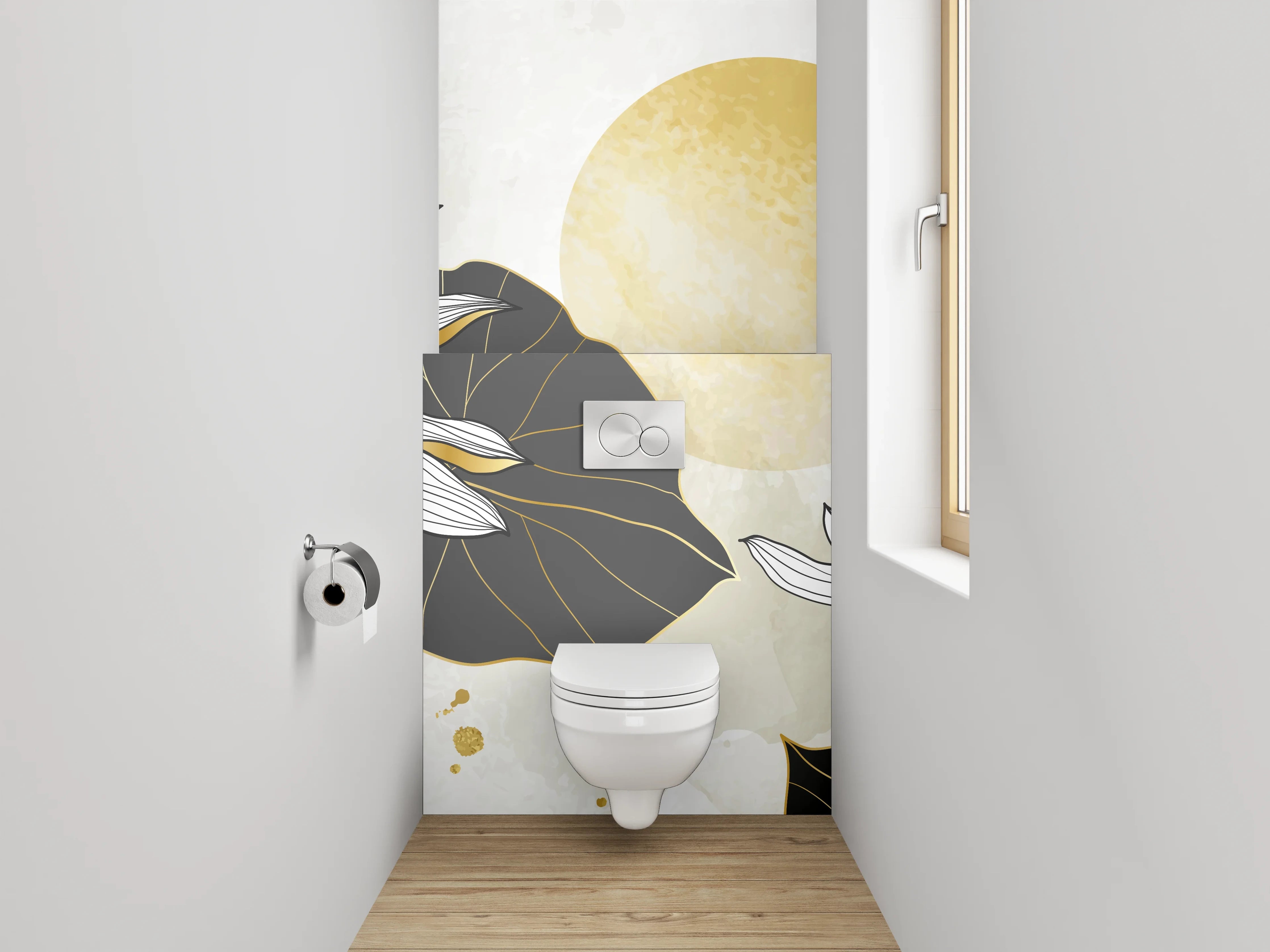 WC-Rückwand - Goldene Lotusblüten auf weißem Hintergrund
