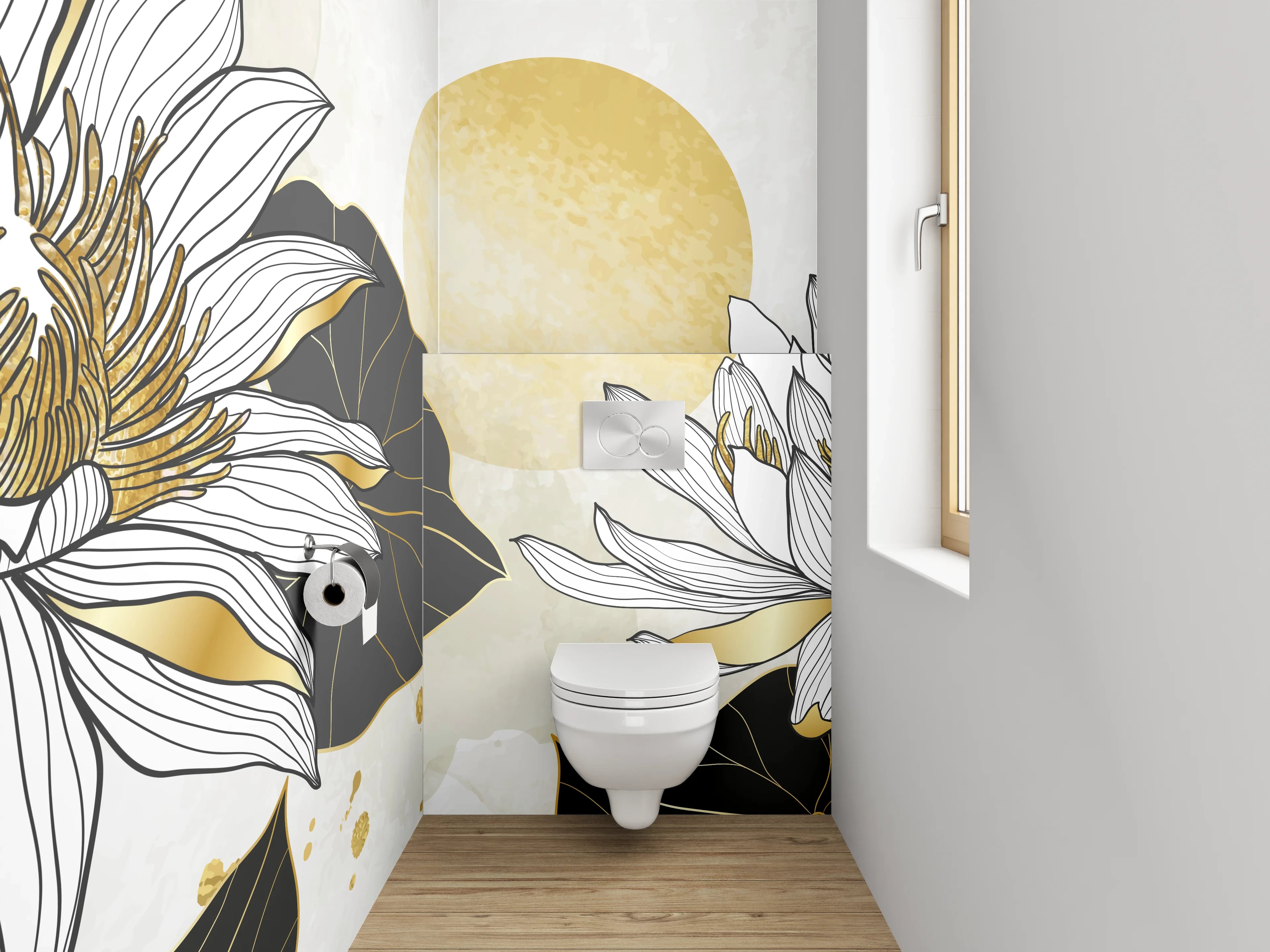 WC-Rückwand - Goldene Lotusblüten auf weißem Hintergrund