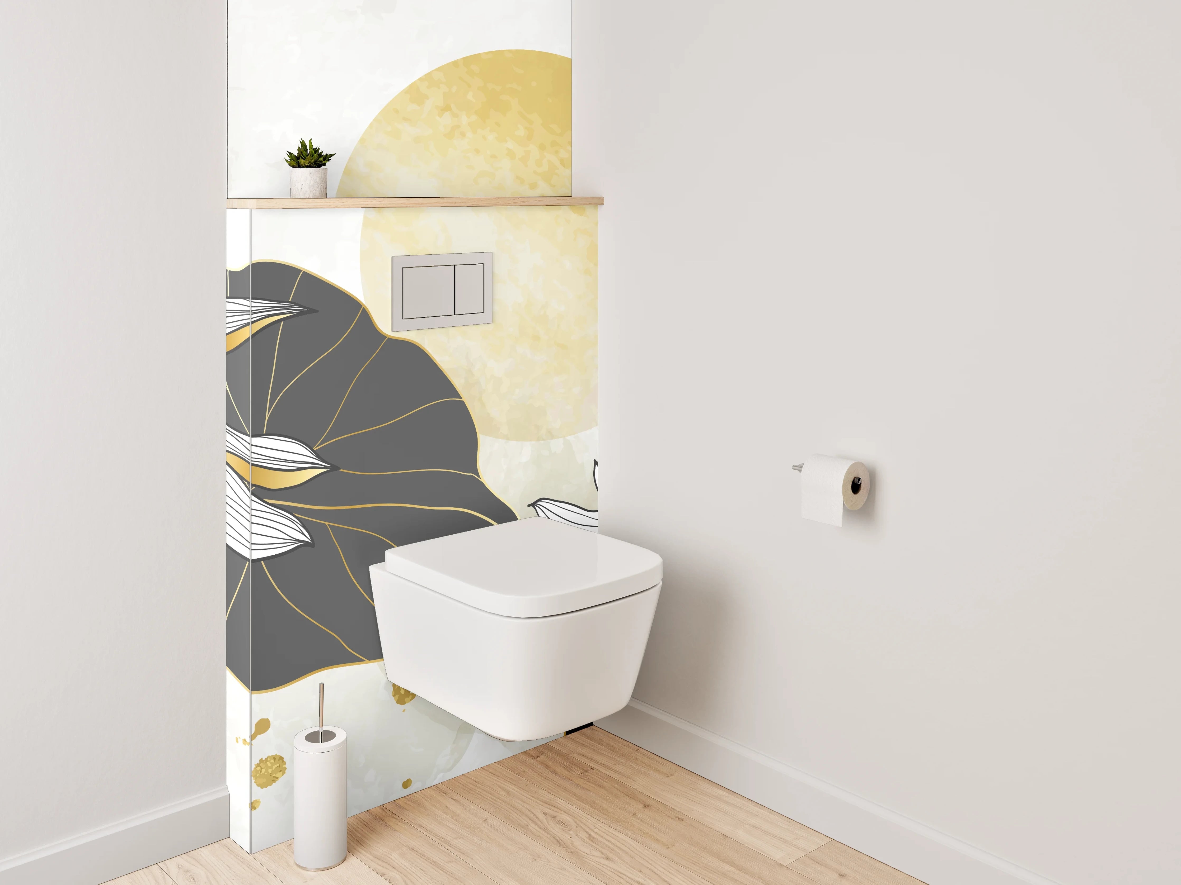 WC-Rückwand - Goldene Lotusblüten auf weißem Hintergrund