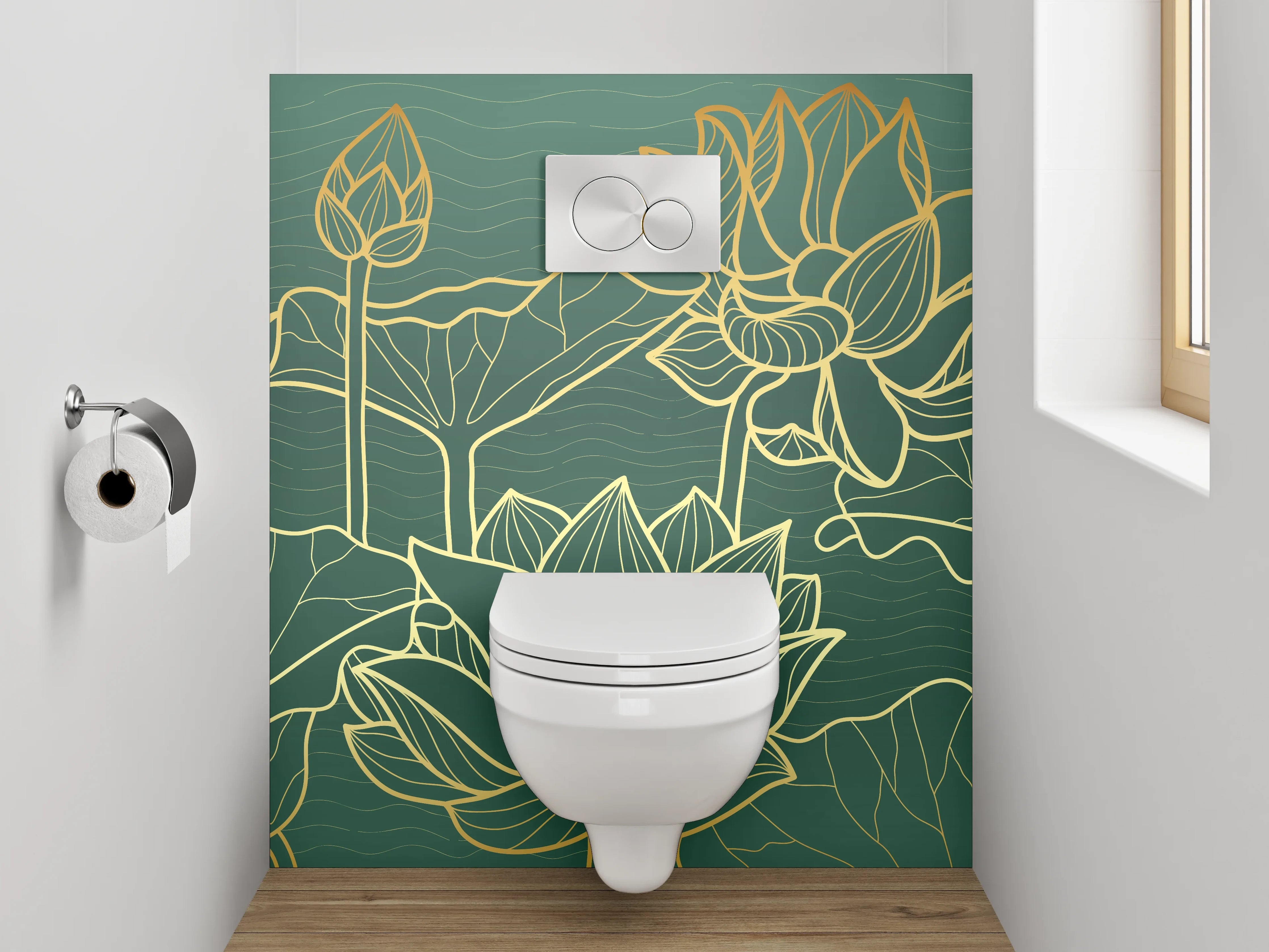 WC-Rückwand - Goldene Lotusblumen Lineart Kunst