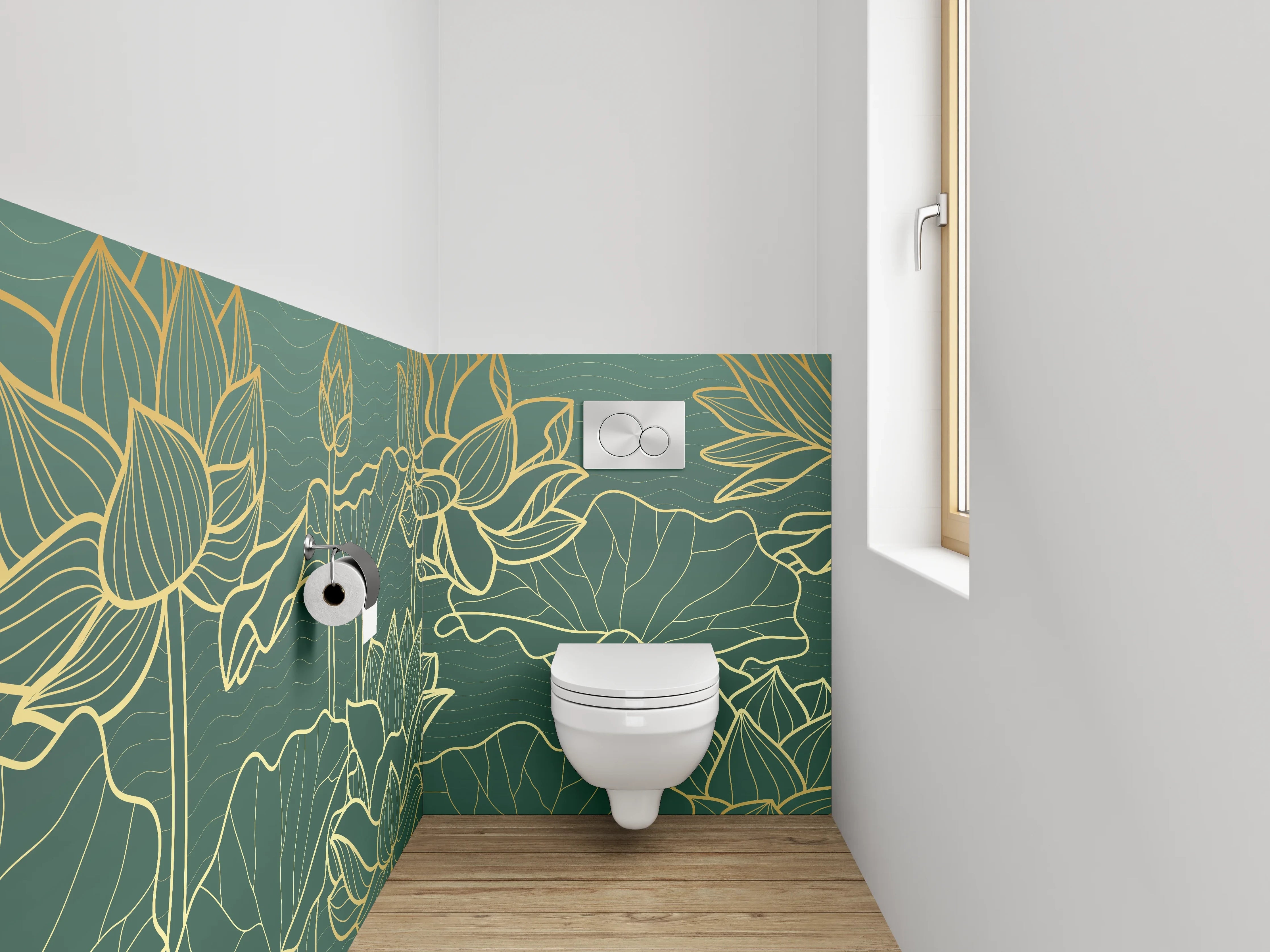 WC-Rückwand - Goldene Lotusblumen Lineart Kunst