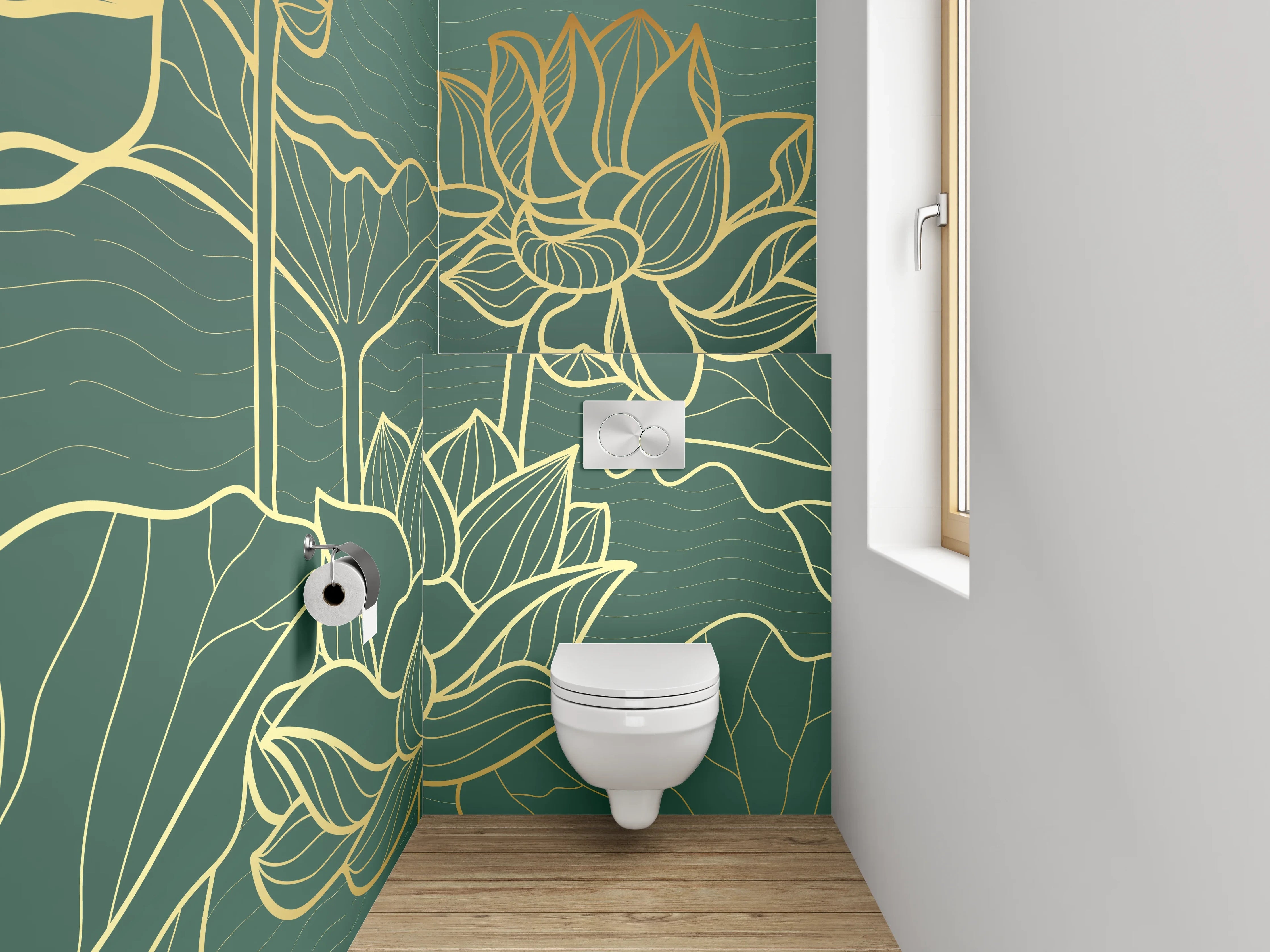 WC-Rückwand - Goldene Lotusblumen Lineart Kunst