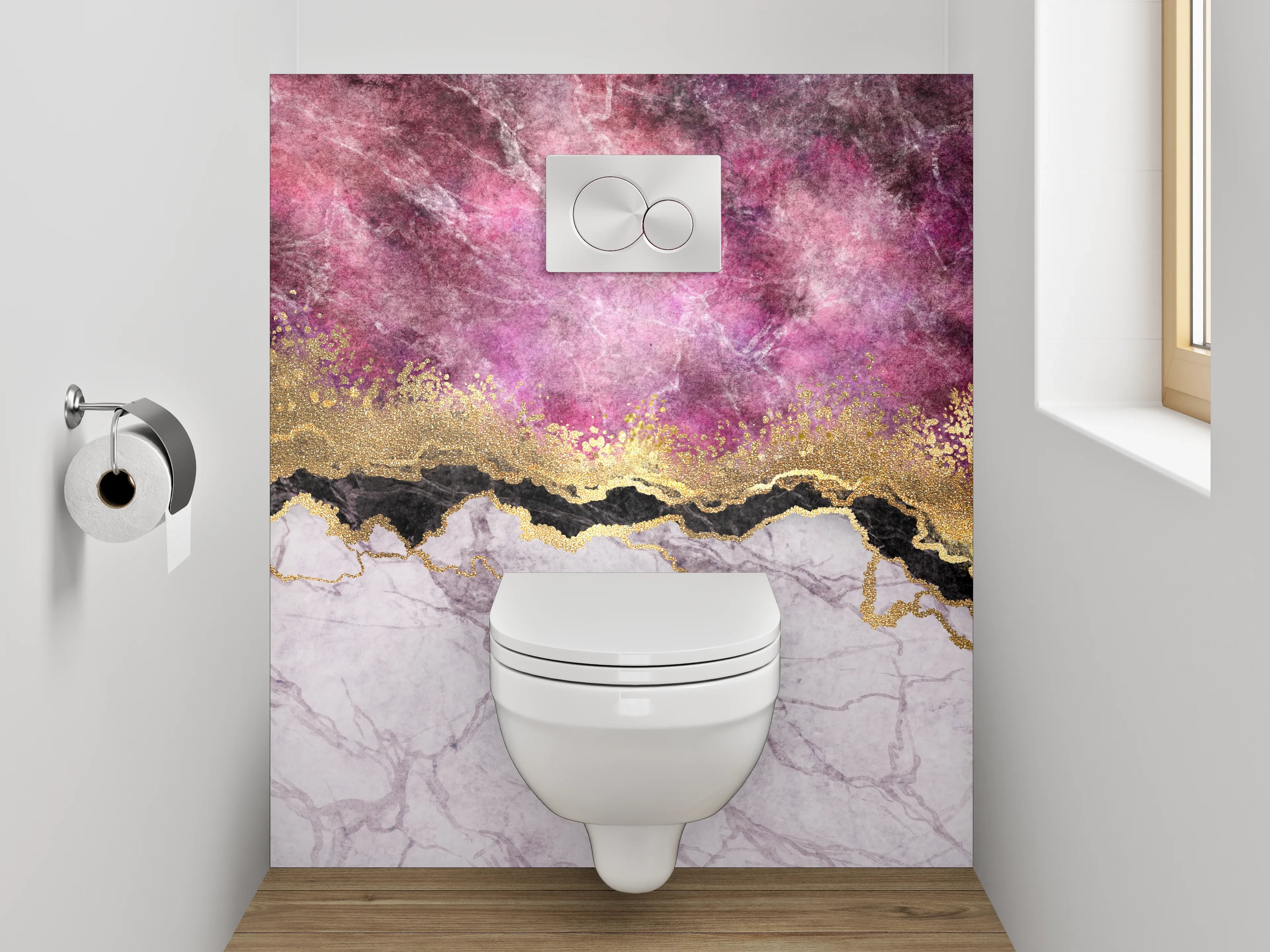 WC-Rückwand - Goldene Marmor-Optik mit Lila Highlights