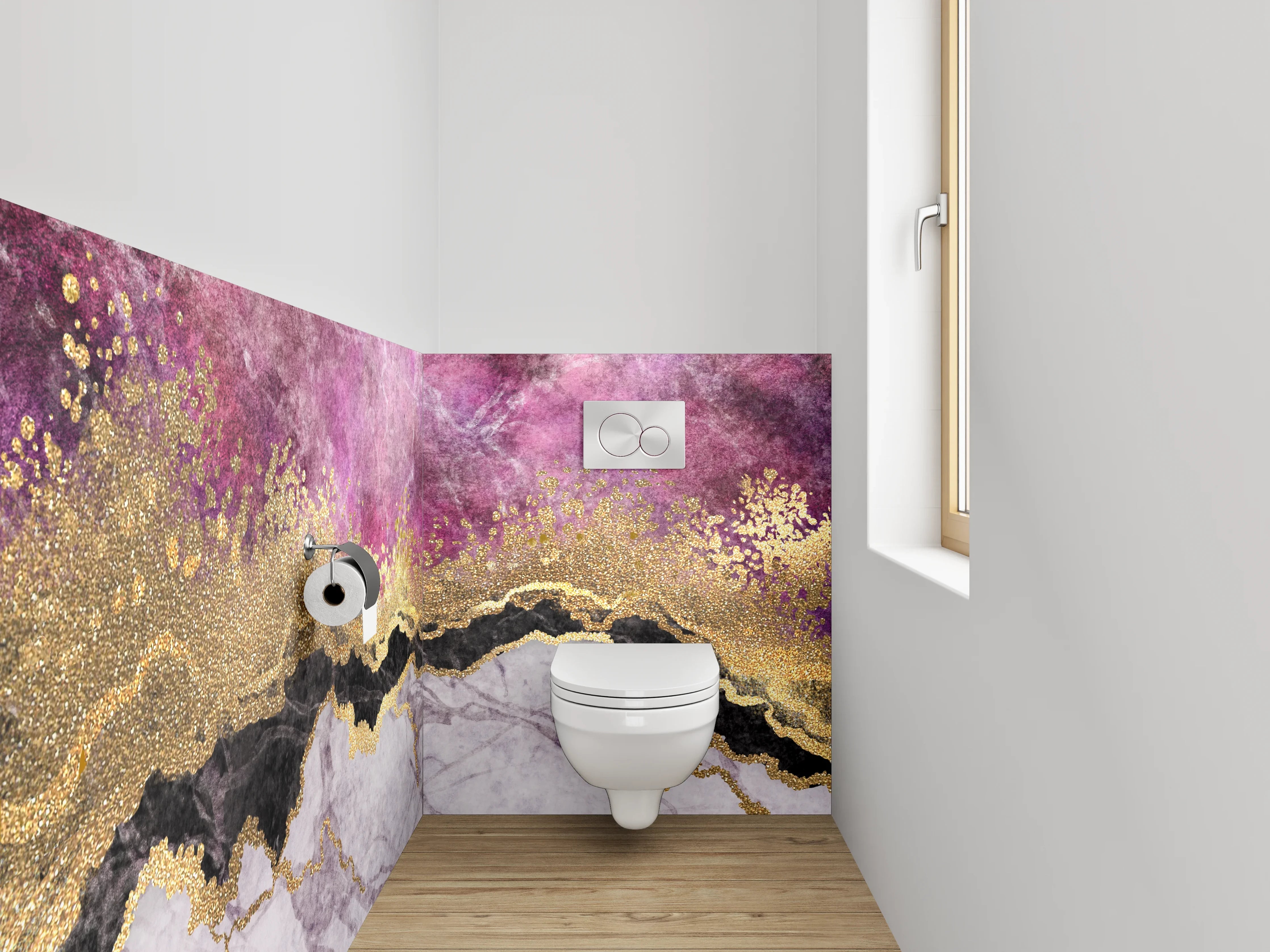 WC-Rückwand - Goldene Marmor-Optik mit Lila Highlights