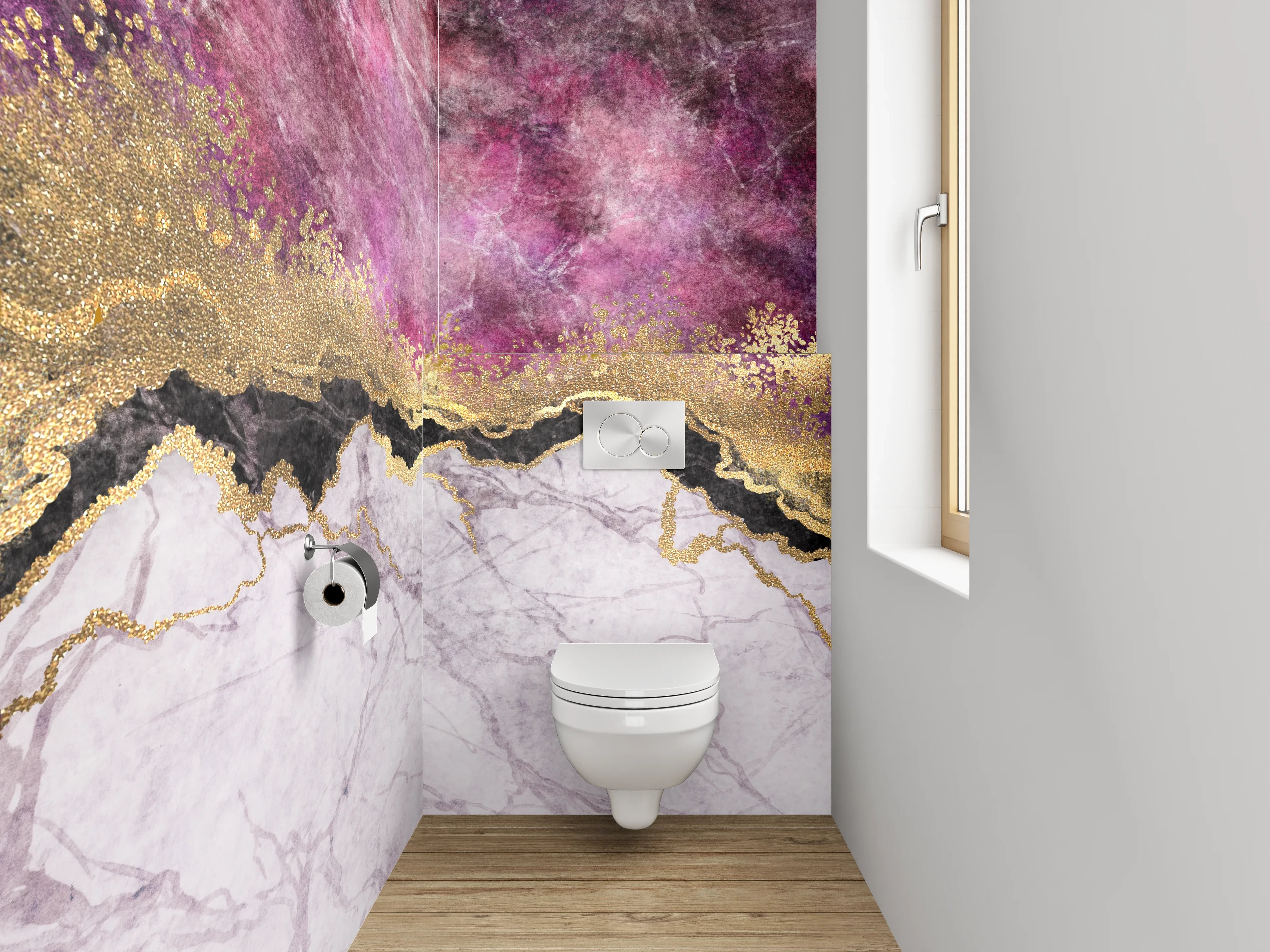 WC-Rückwand - Goldene Marmor-Optik mit Lila Highlights