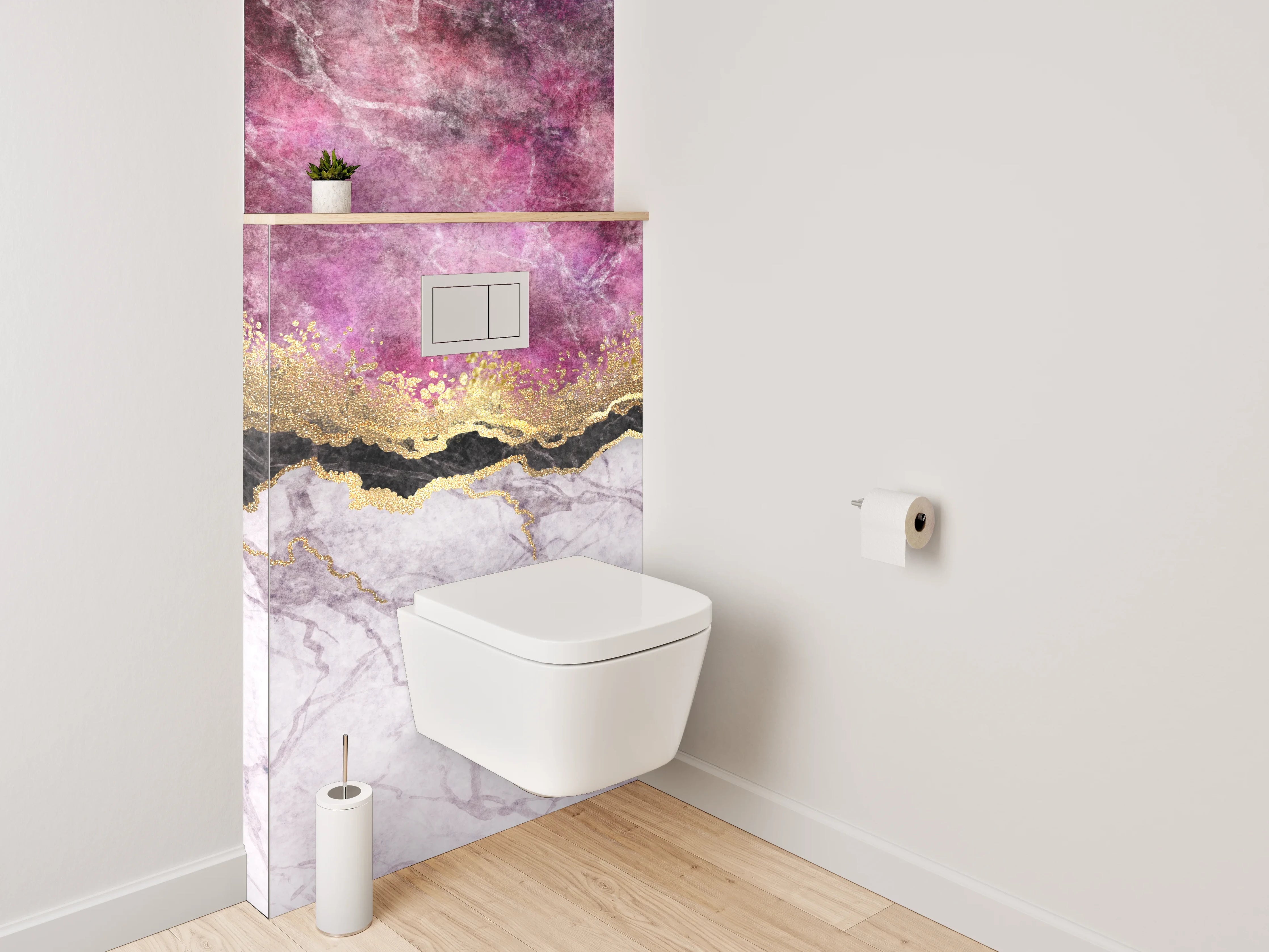 WC-Rückwand - Goldene Marmor-Optik mit Lila Highlights