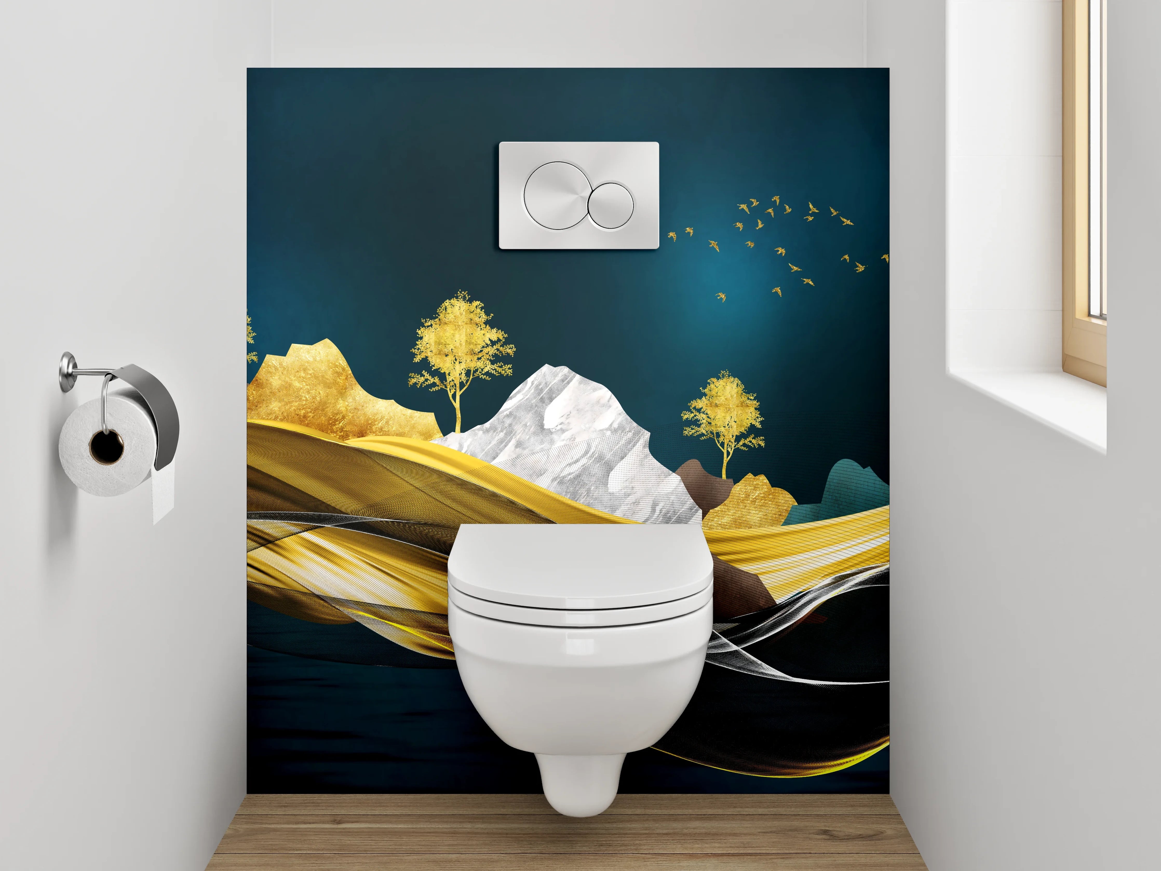 WC-Rückwand - Goldene Traumlandschaft – Hirsch & Berge
