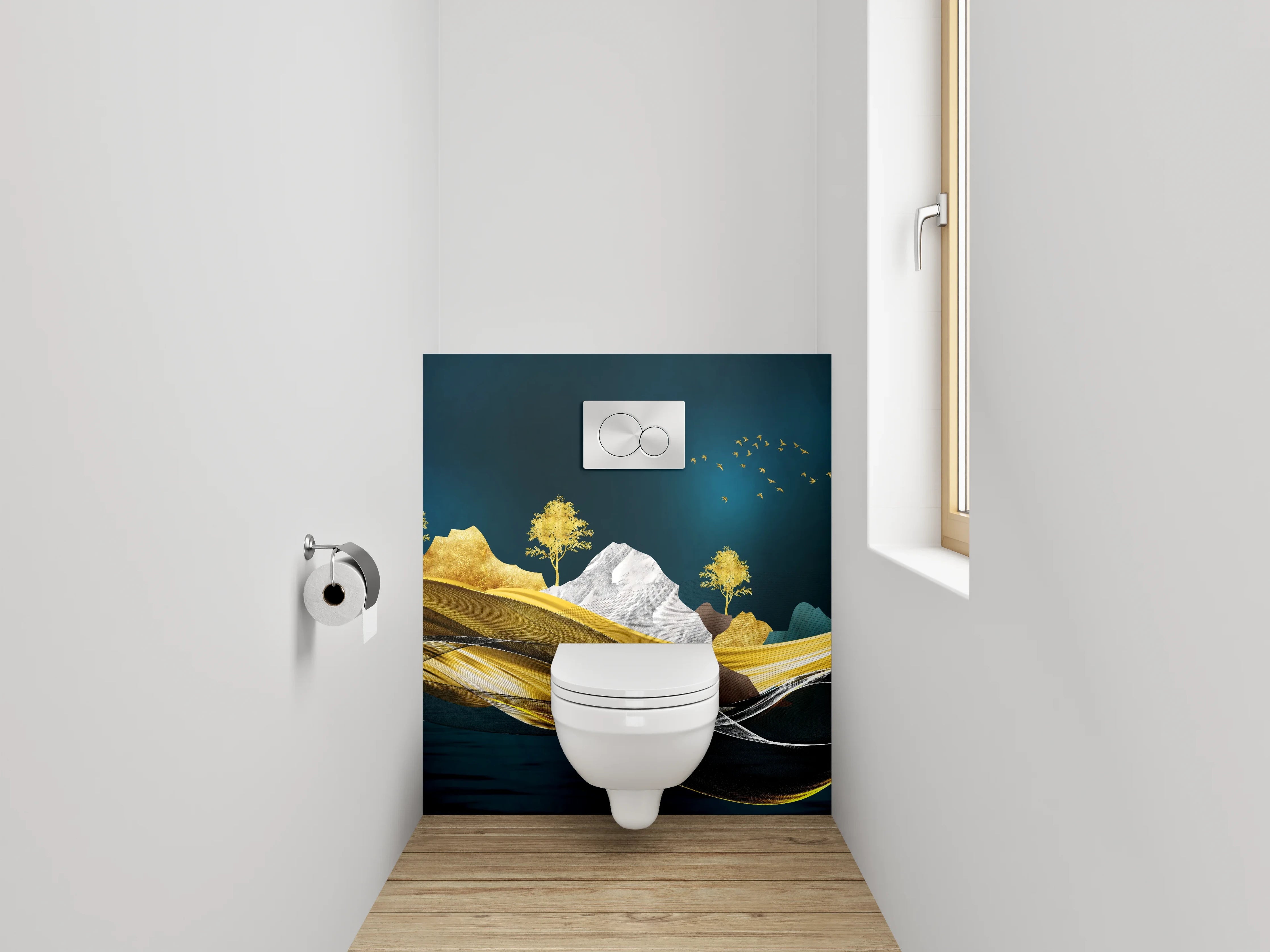 WC-Rückwand - Goldene Traumlandschaft – Hirsch & Berge