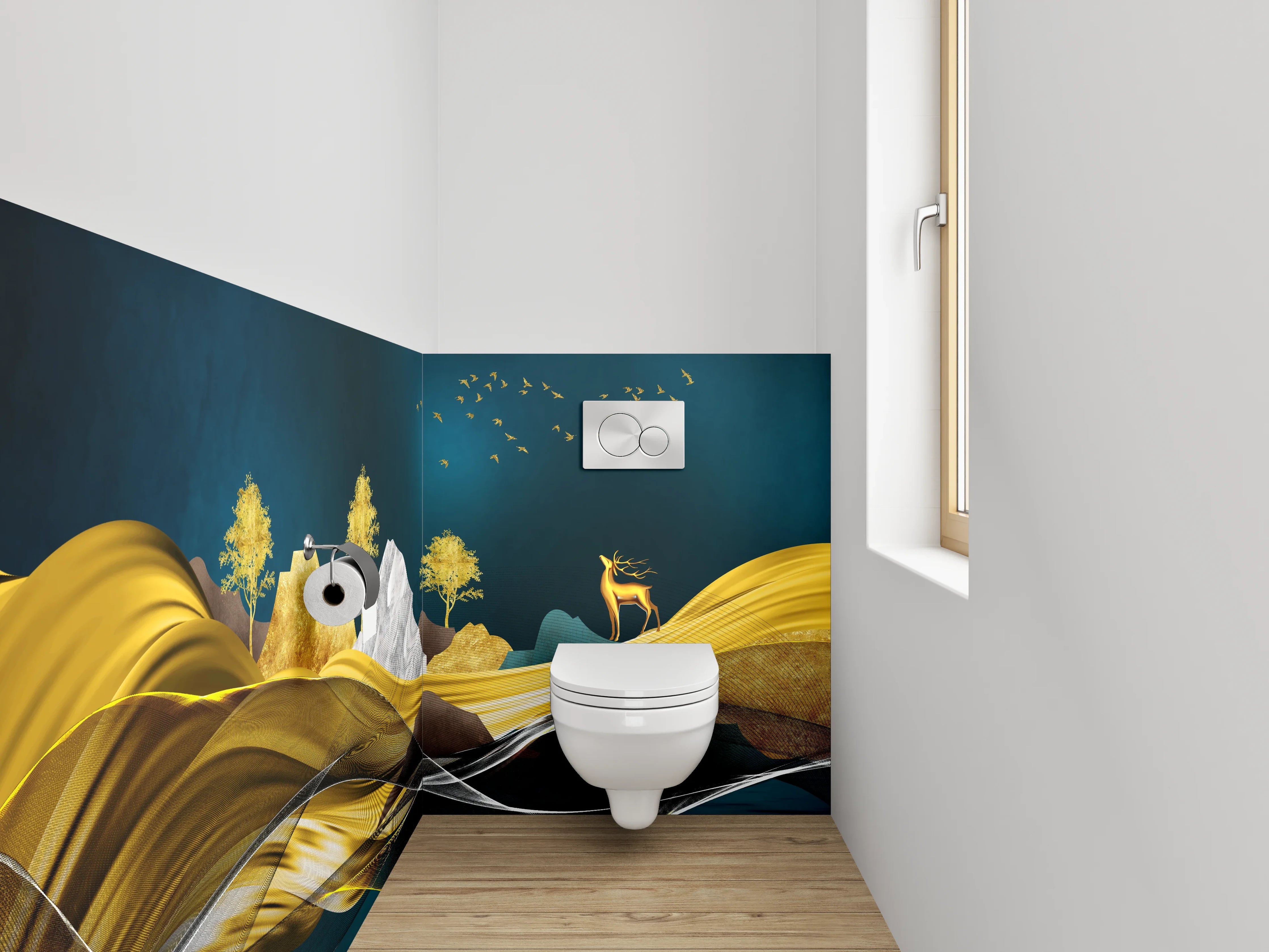 WC-Rückwand - Goldene Traumlandschaft – Hirsch & Berge