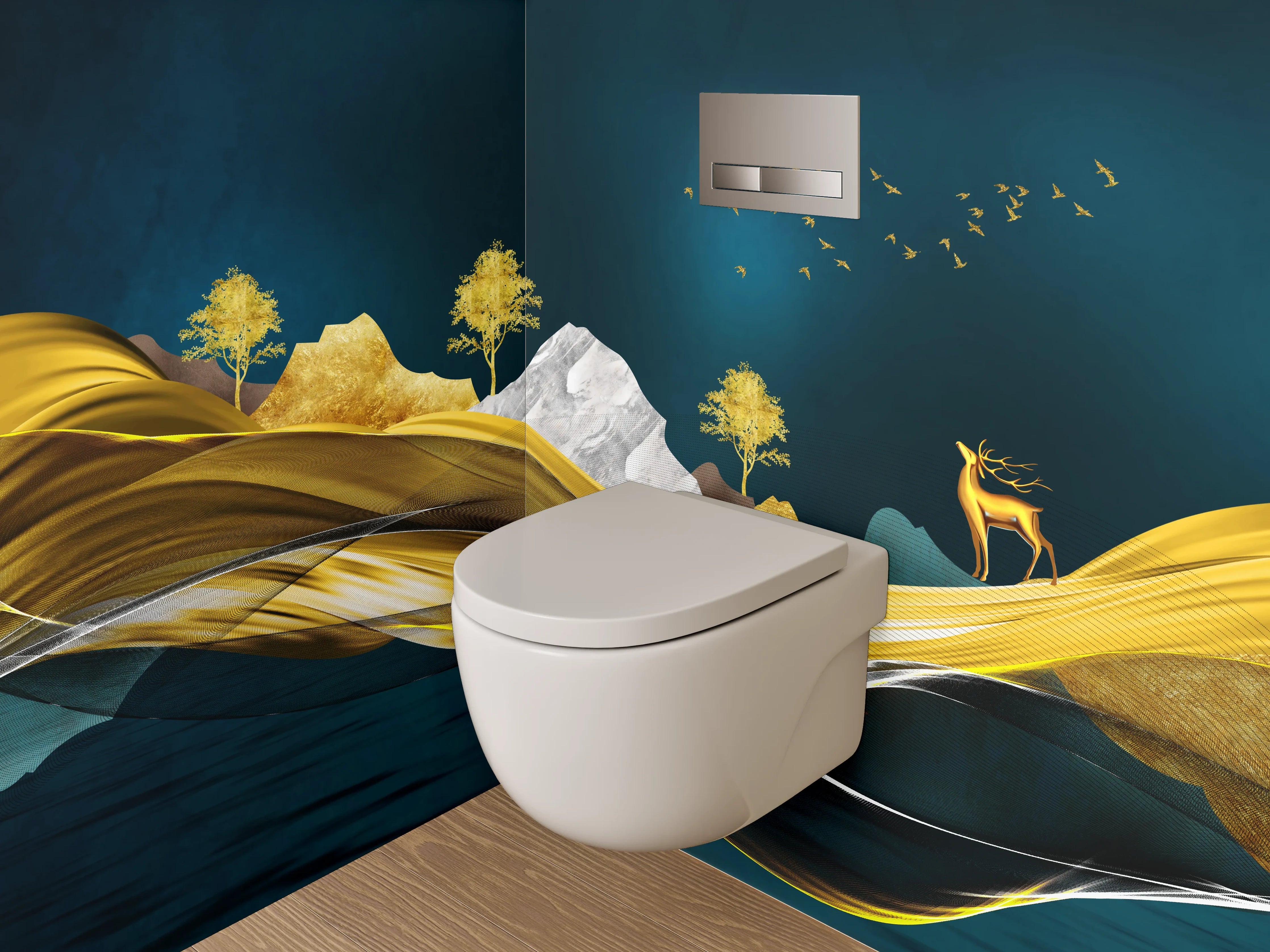 WC-Rückwand - Goldene Traumlandschaft – Hirsch & Berge
