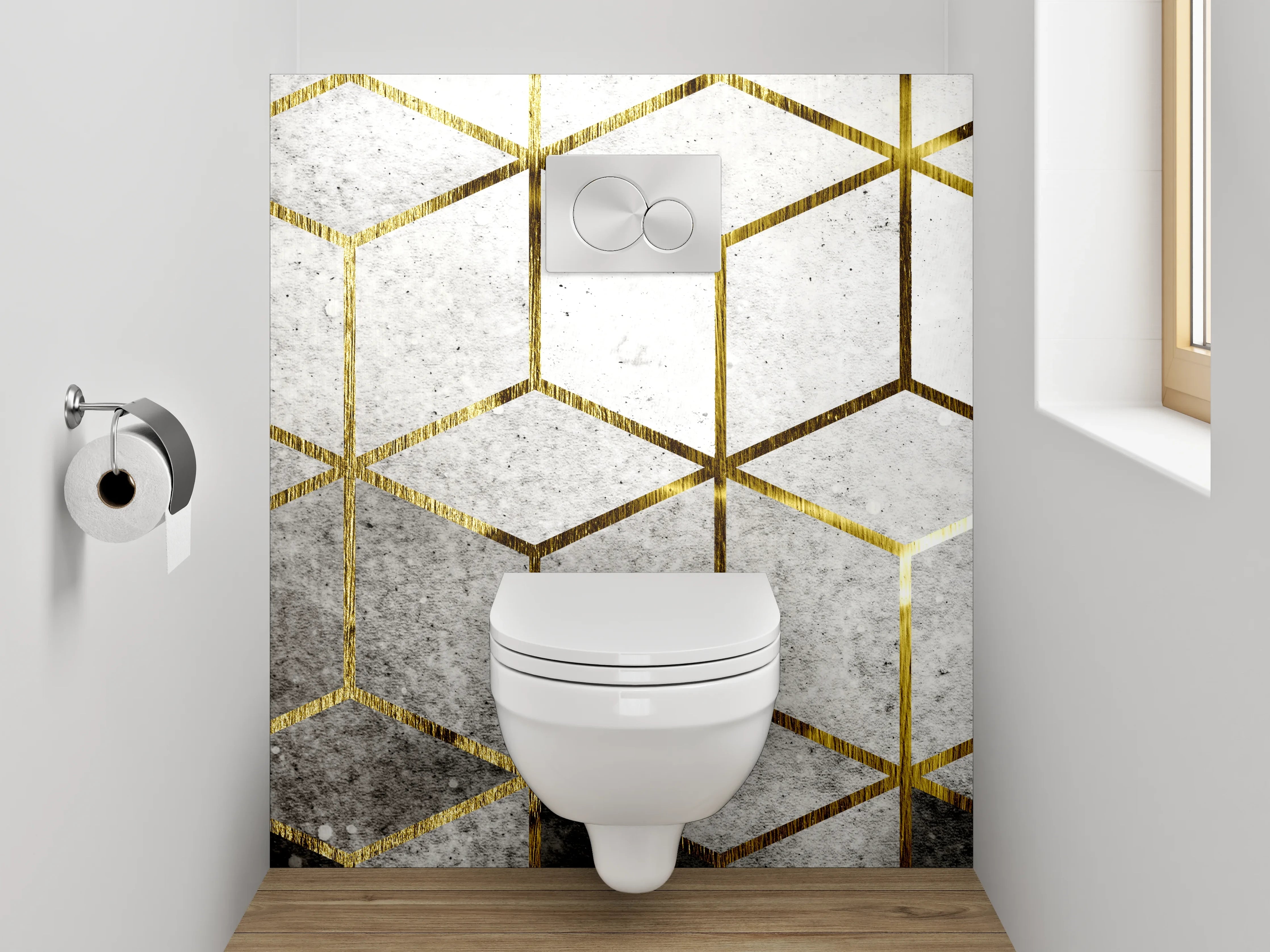 WC-Rückwand - Goldene Würfel auf Betonoptik