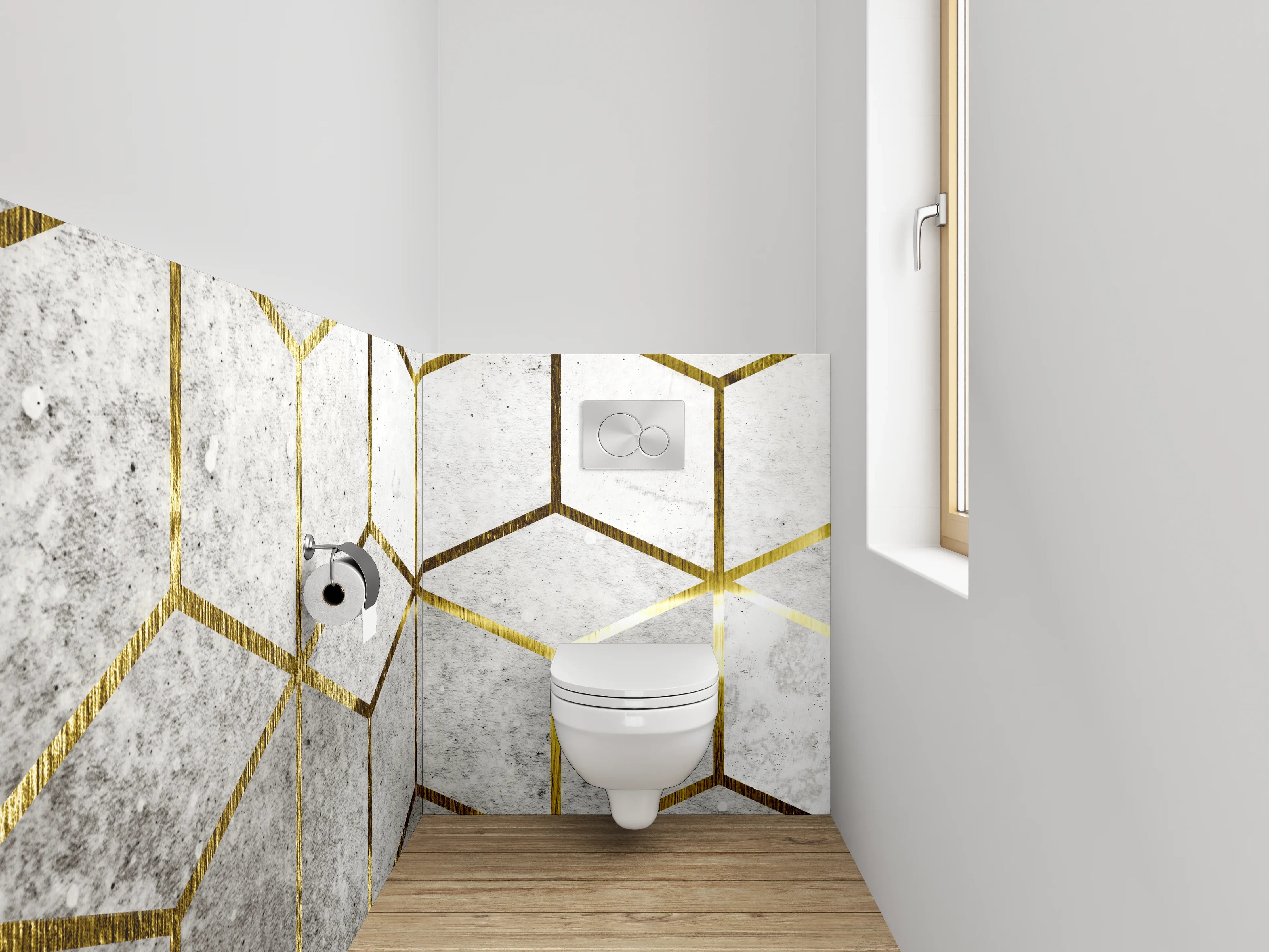 WC-Rückwand - Goldene Würfel auf Betonoptik
