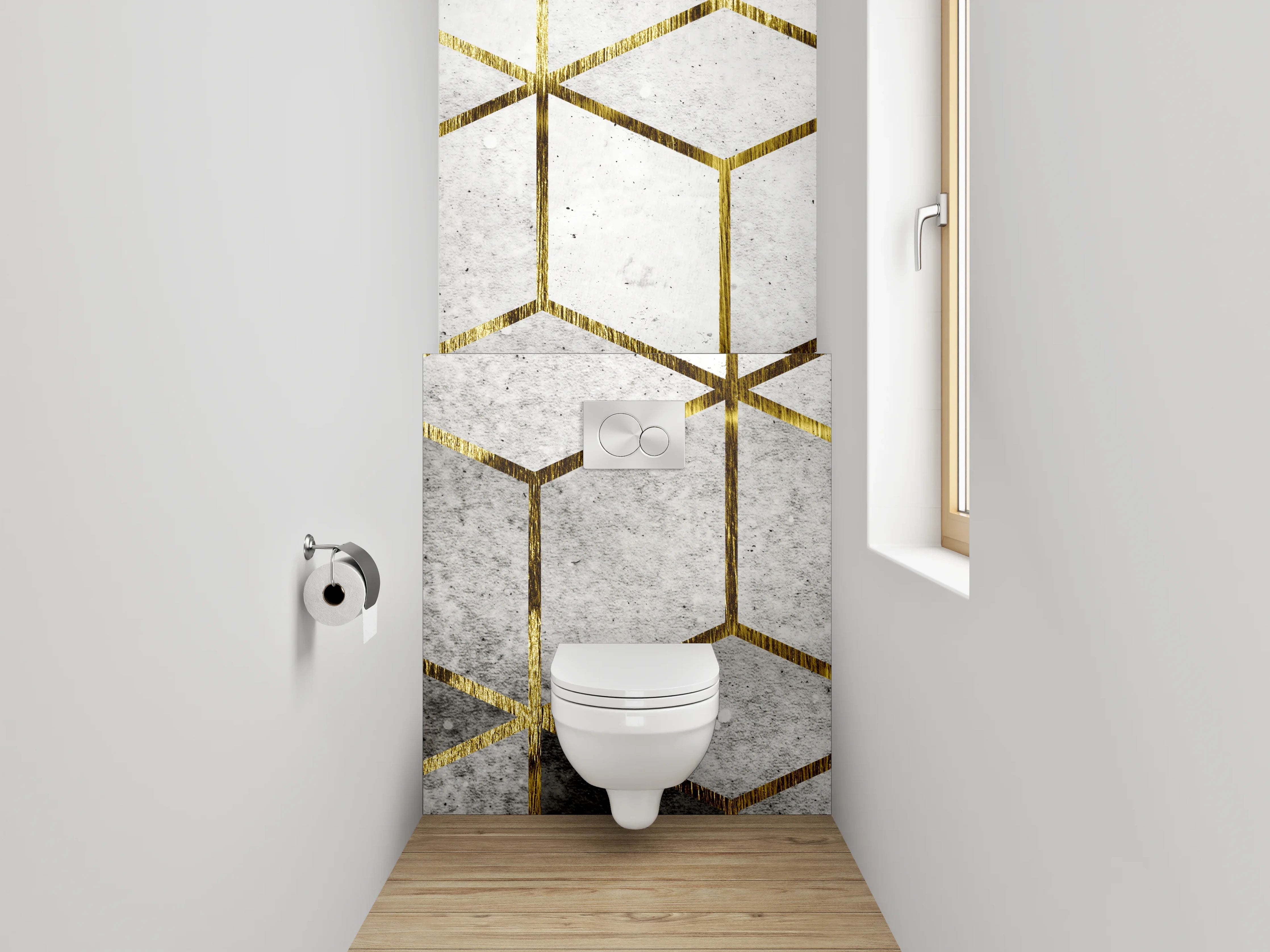 WC-Rückwand - Goldene Würfel auf Betonoptik