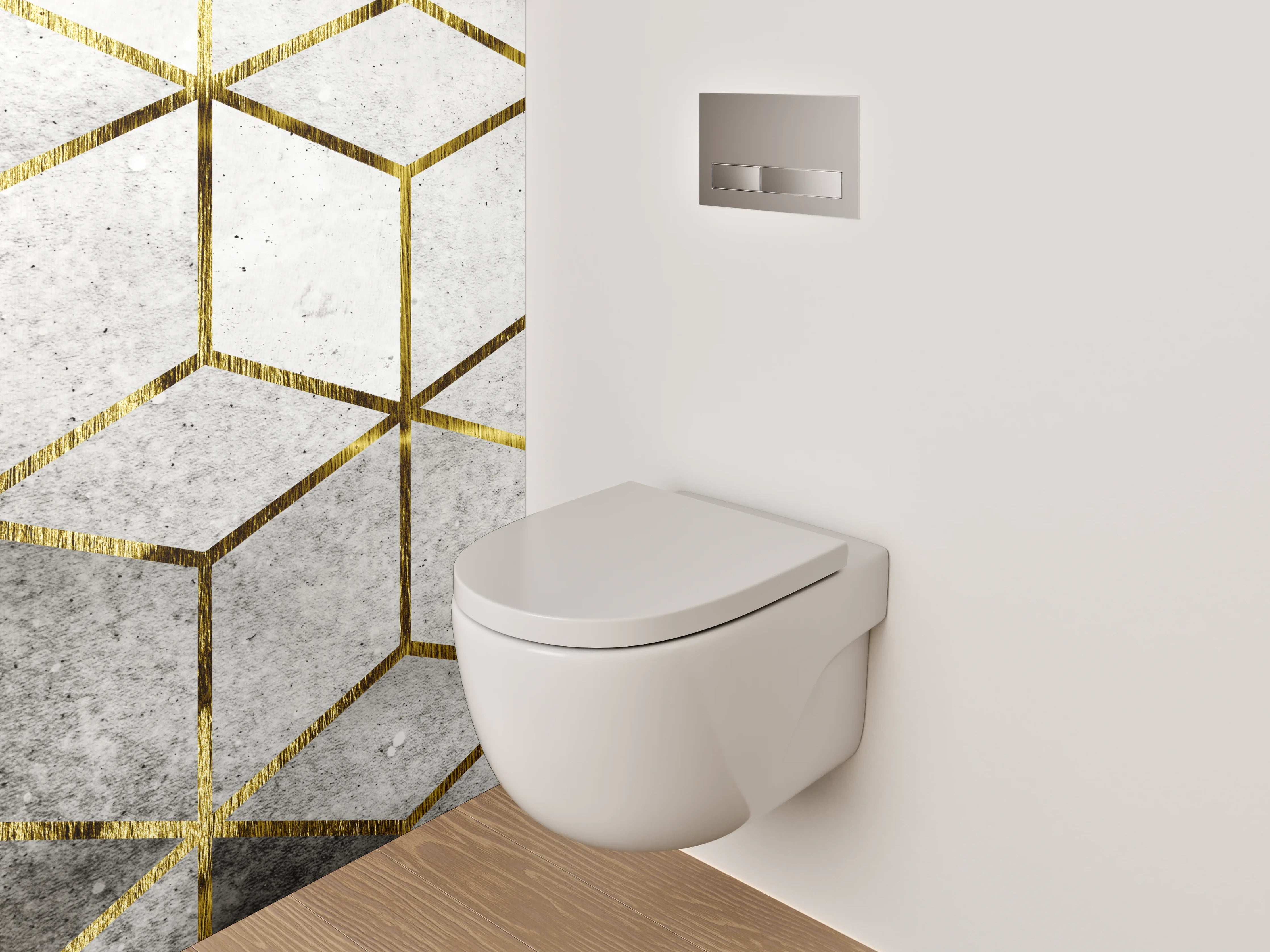 WC-Rückwand - Goldene Würfel auf Betonoptik