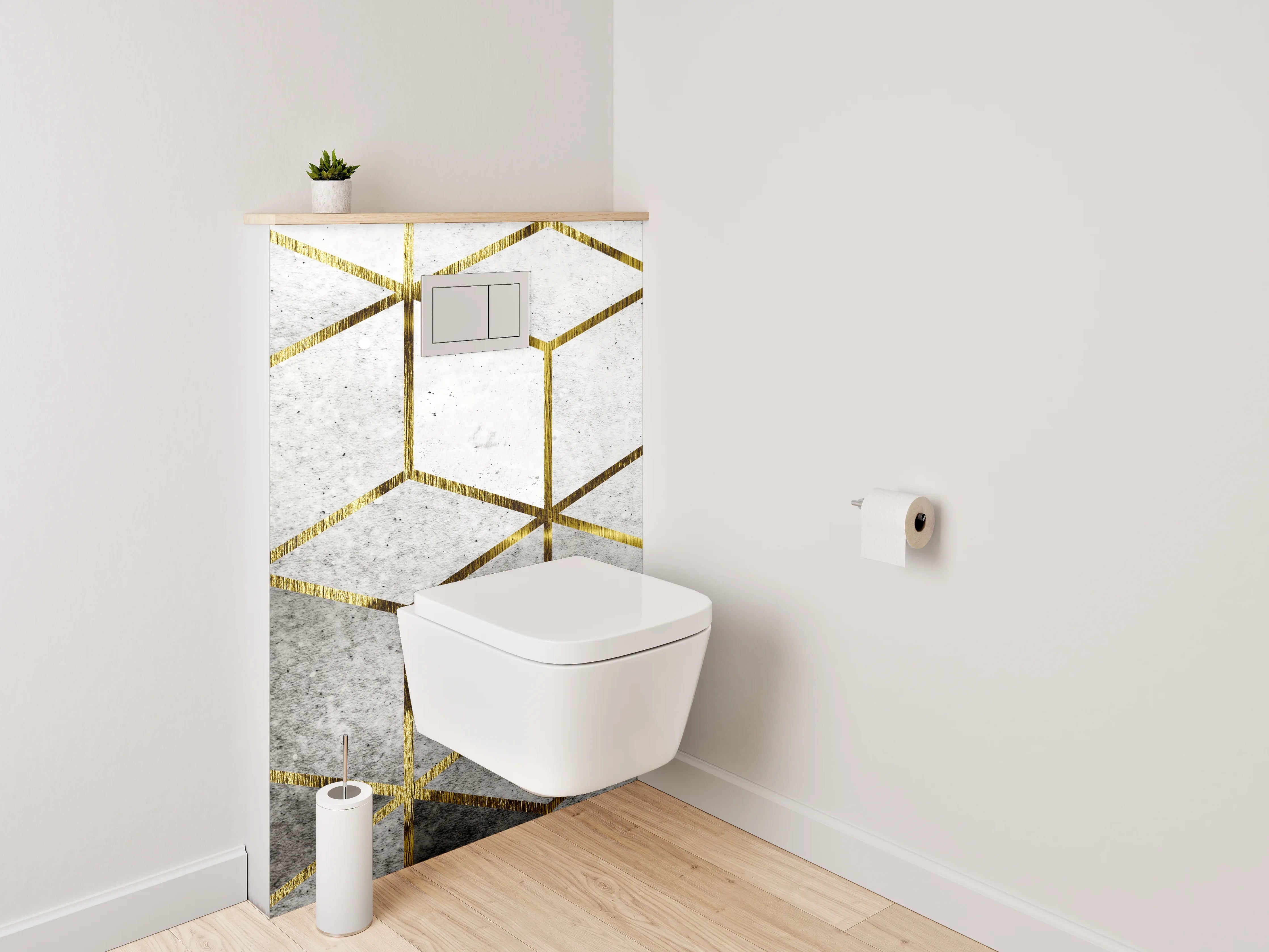 WC-Rückwand - Goldene Würfel auf Betonoptik
