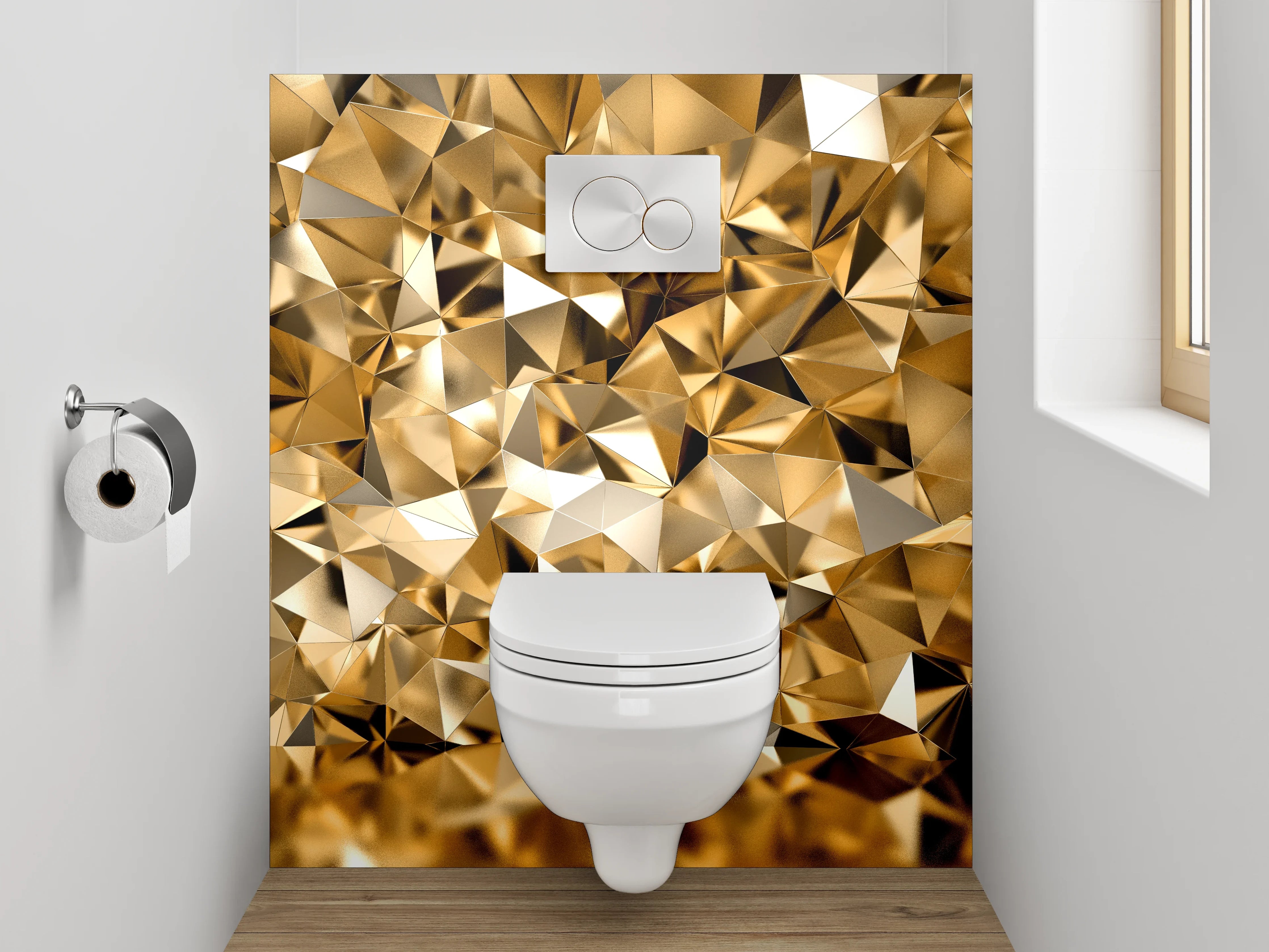 WC-Rückwand - Goldene abstrakte Polygonstruktur