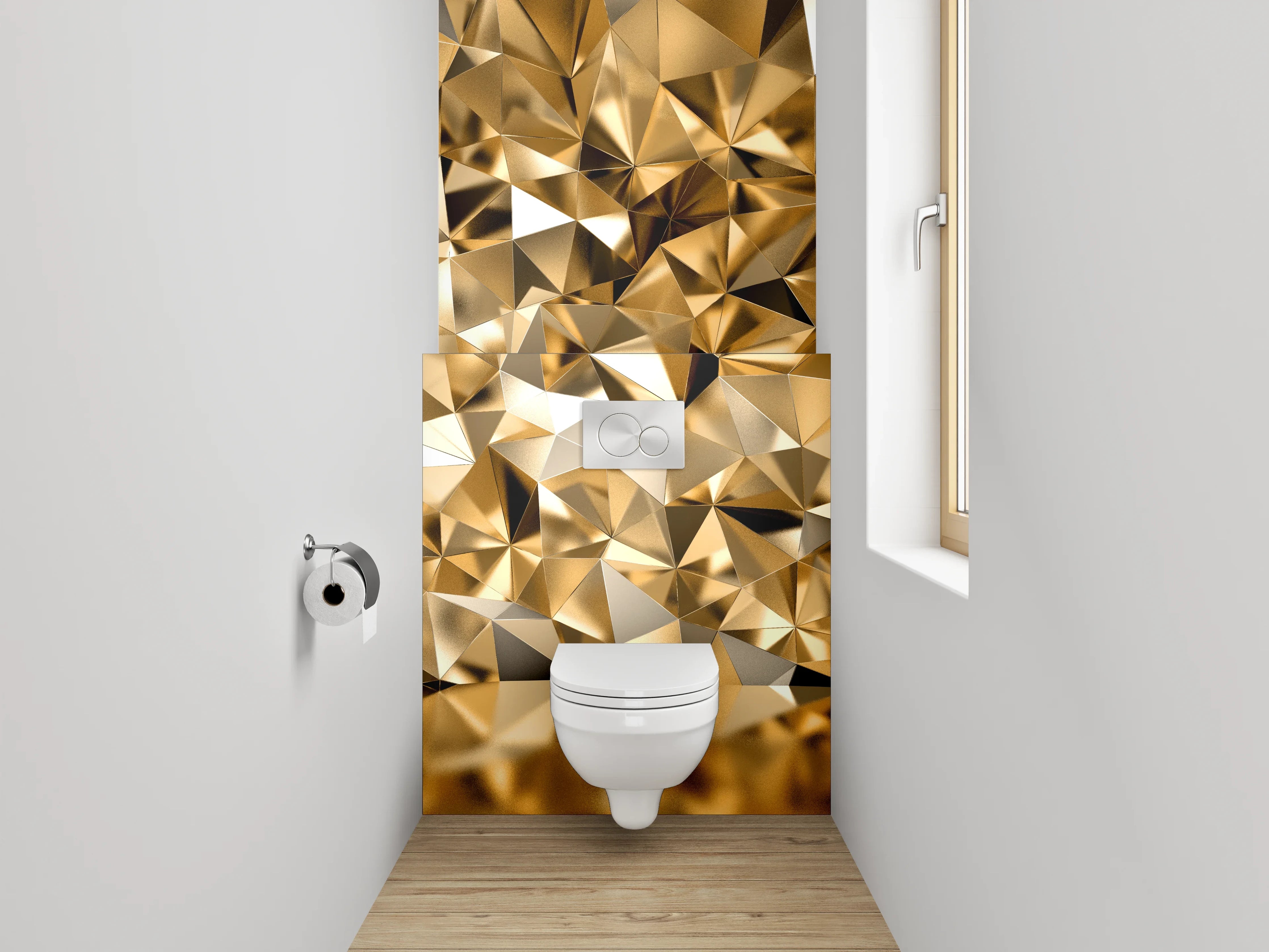 WC-Rückwand - Goldene abstrakte Polygonstruktur