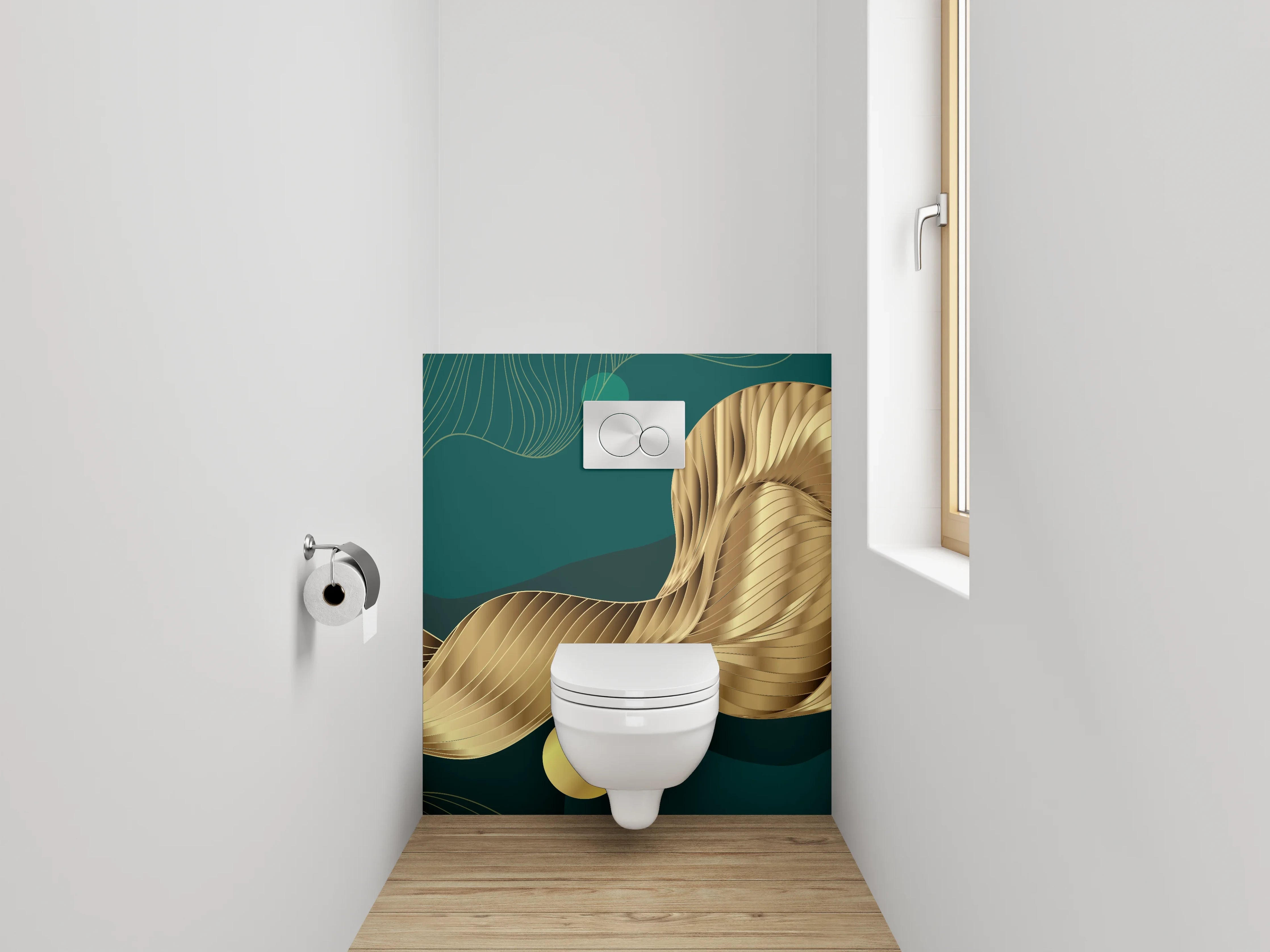 WC-Rückwand - Goldene abstrakte Wellen auf Dunkelgrün