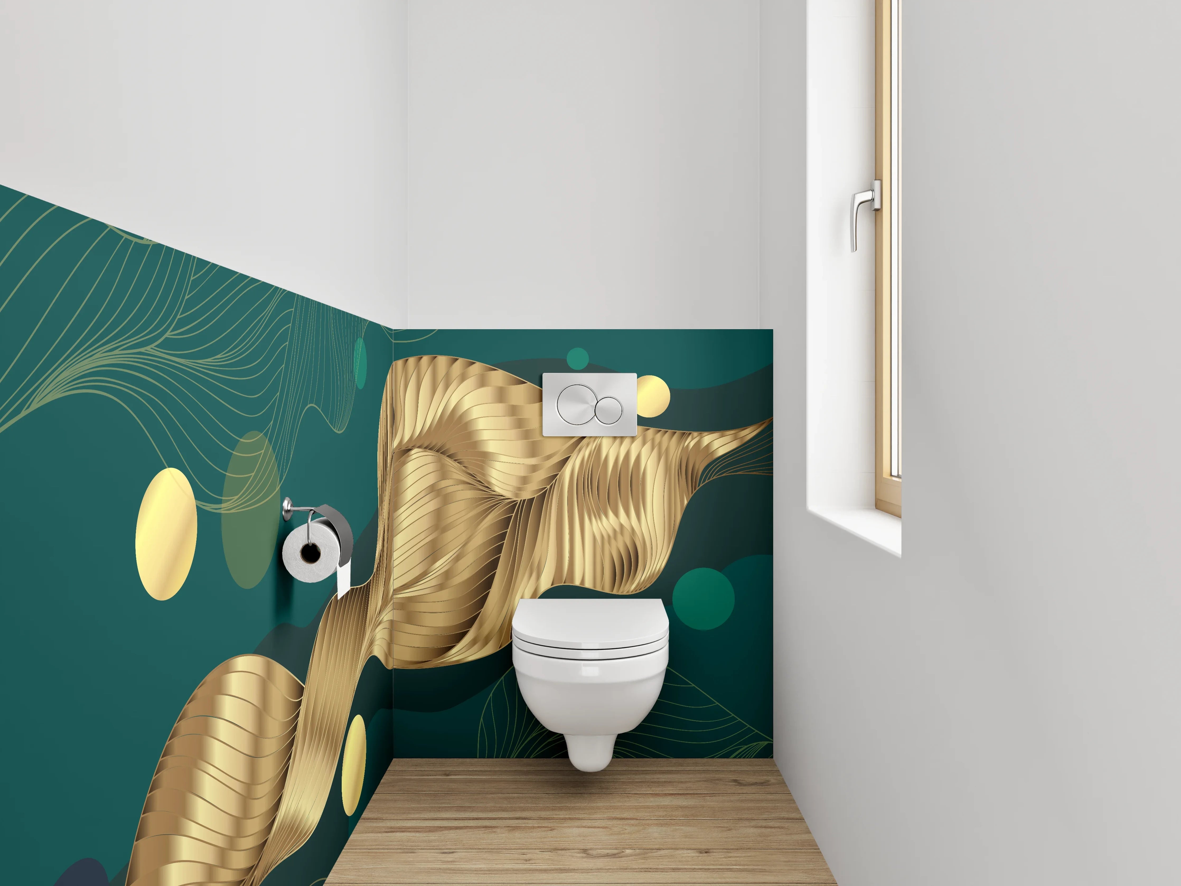 WC-Rückwand - Goldene abstrakte Wellen auf Dunkelgrün