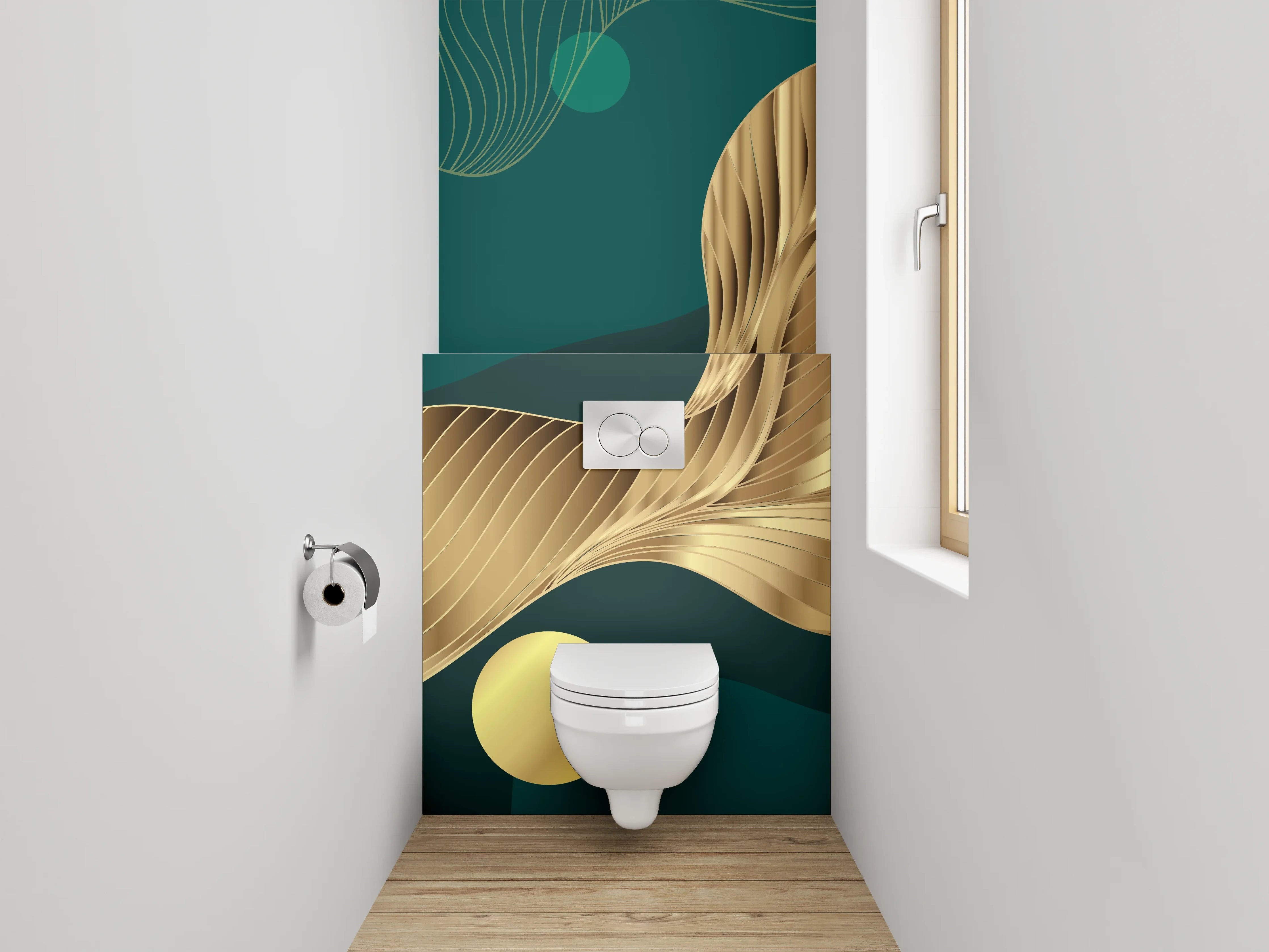 WC-Rückwand - Goldene abstrakte Wellen auf Dunkelgrün