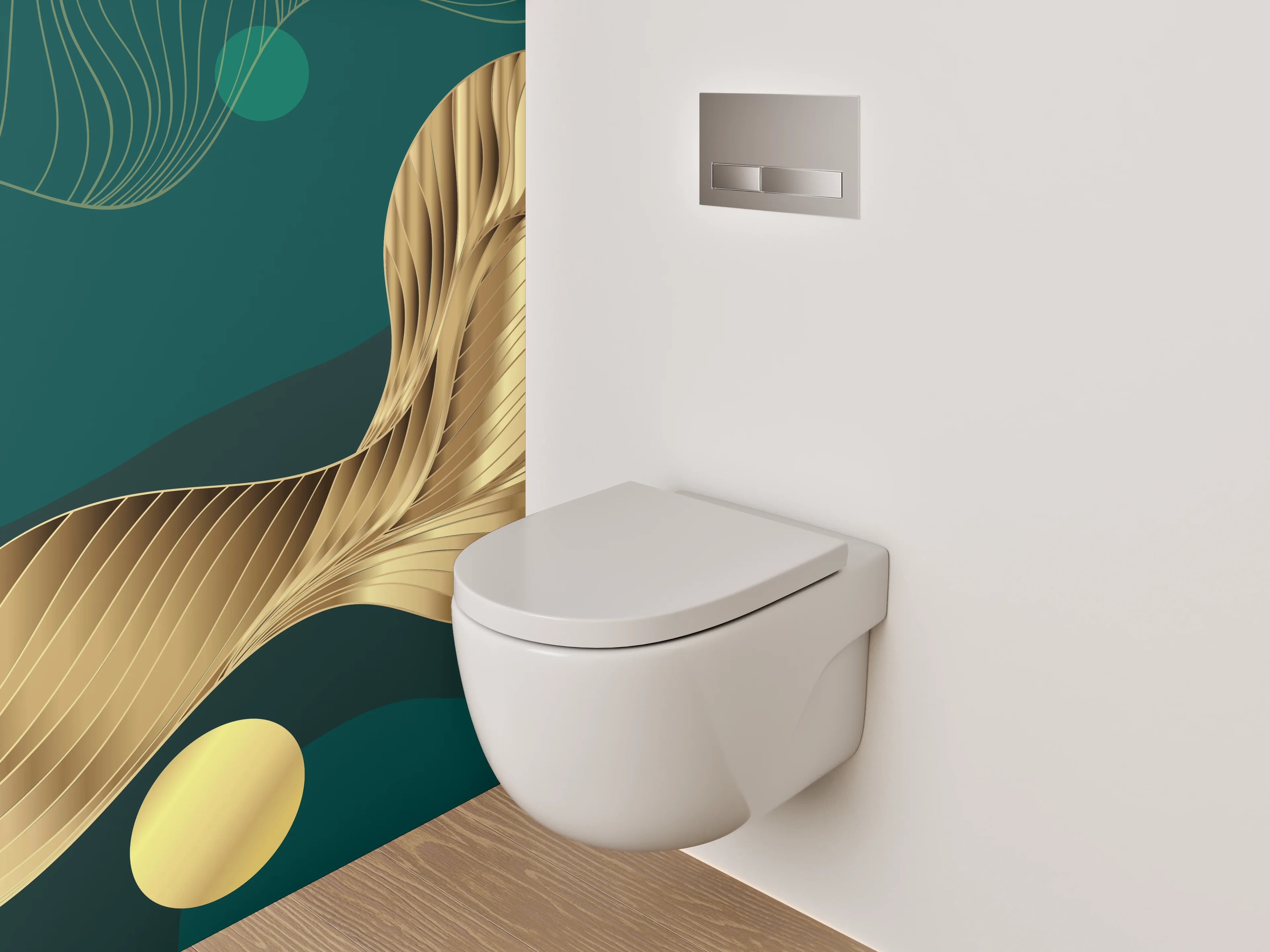 WC-Rückwand - Goldene abstrakte Wellen auf Dunkelgrün