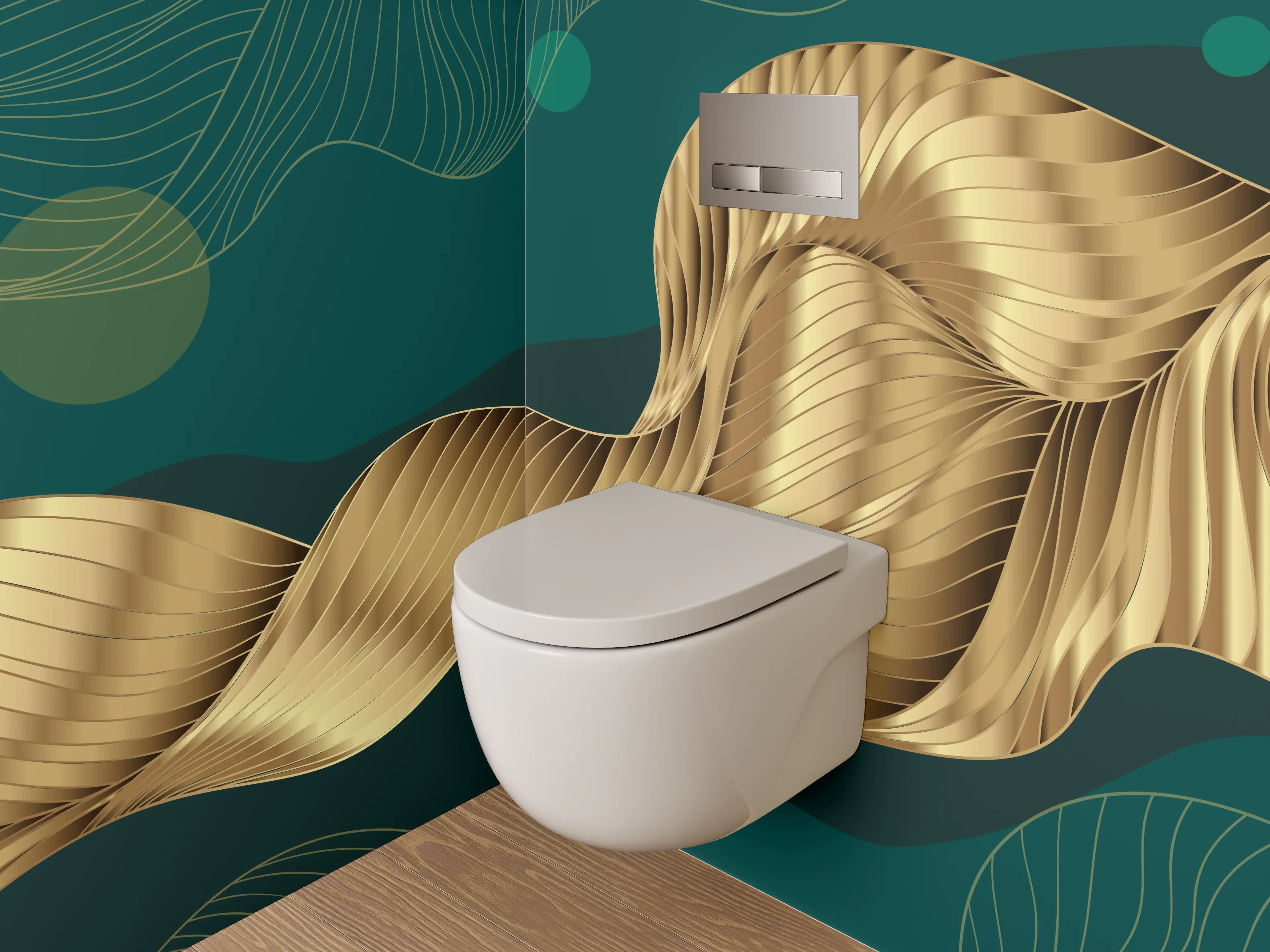 WC-Rückwand - Goldene abstrakte Wellen auf Dunkelgrün