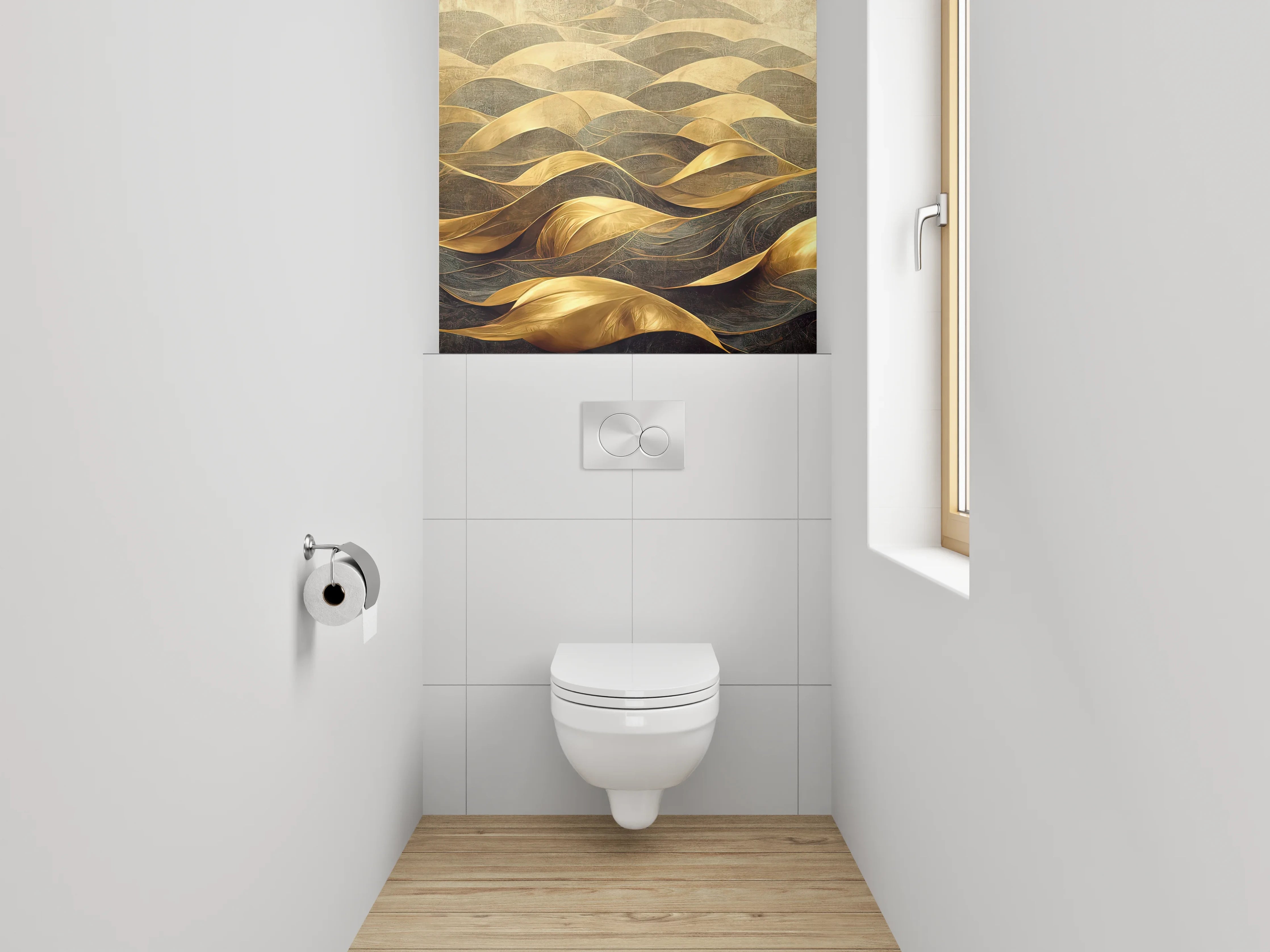 WC-Rückwand - Goldene abstrakte Wellenlandschaft Kunst