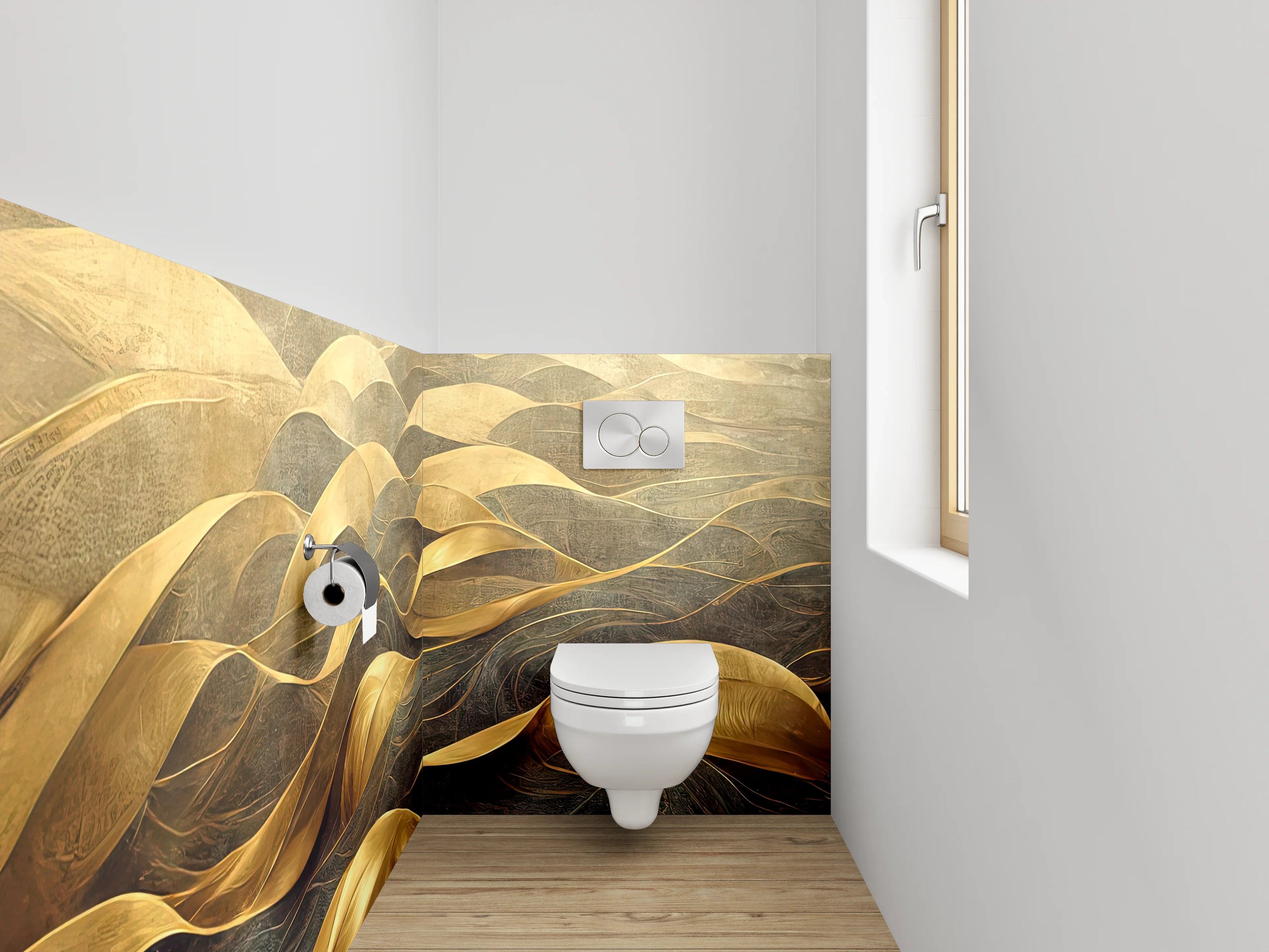 WC-Rückwand - Goldene abstrakte Wellenlandschaft Kunst