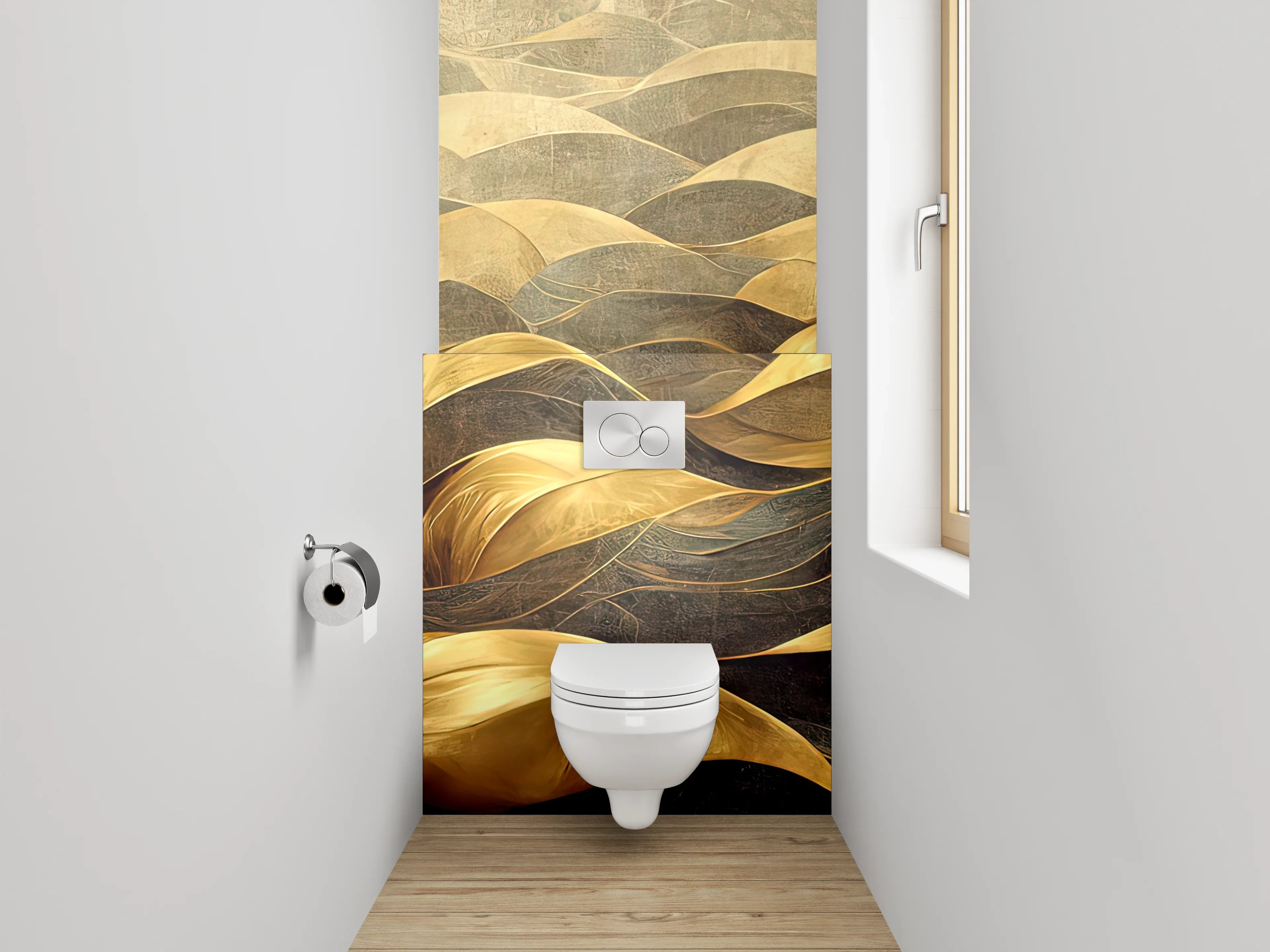 WC-Rückwand - Goldene abstrakte Wellenlandschaft Kunst