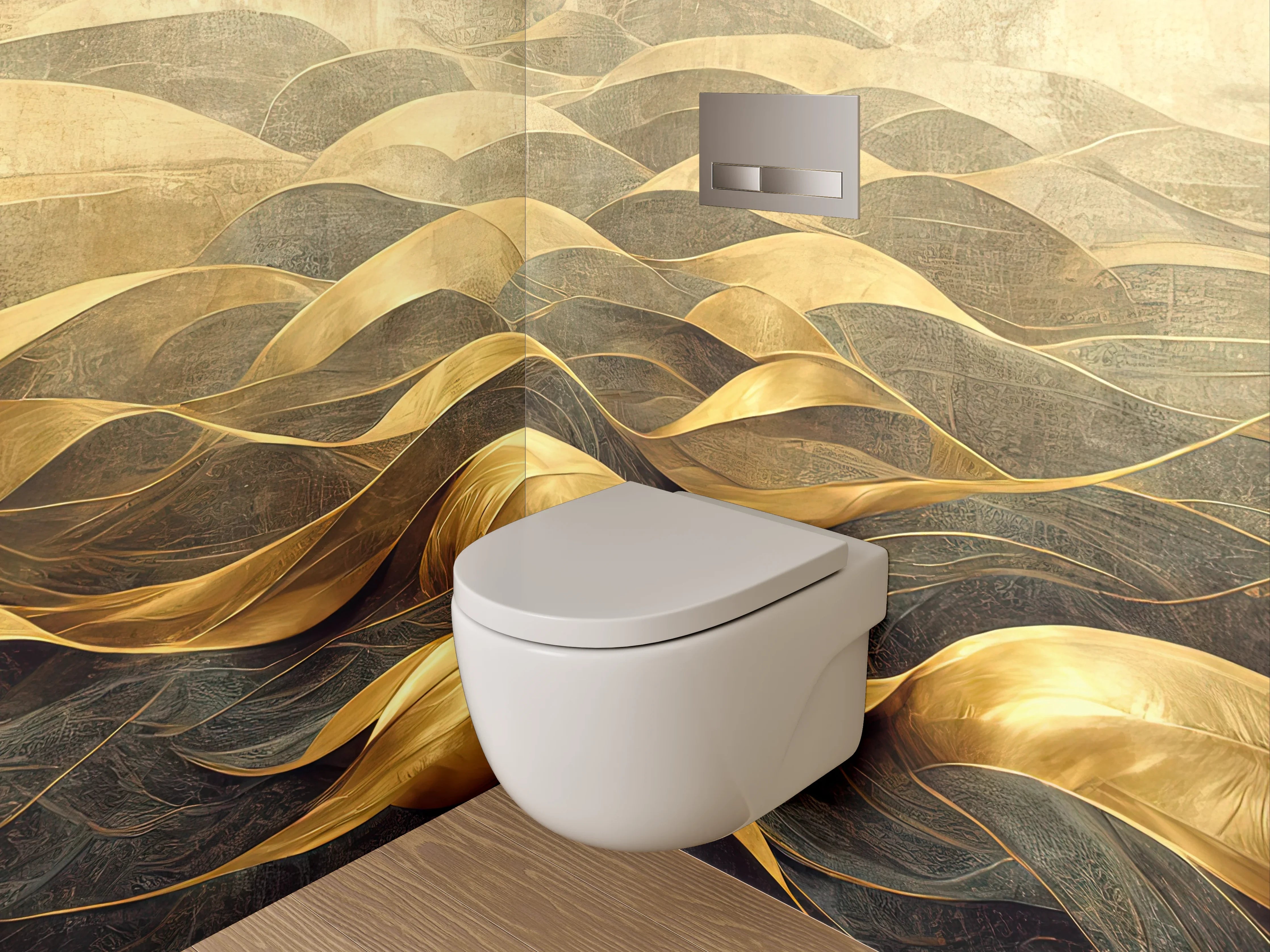WC-Rückwand - Goldene abstrakte Wellenlandschaft Kunst