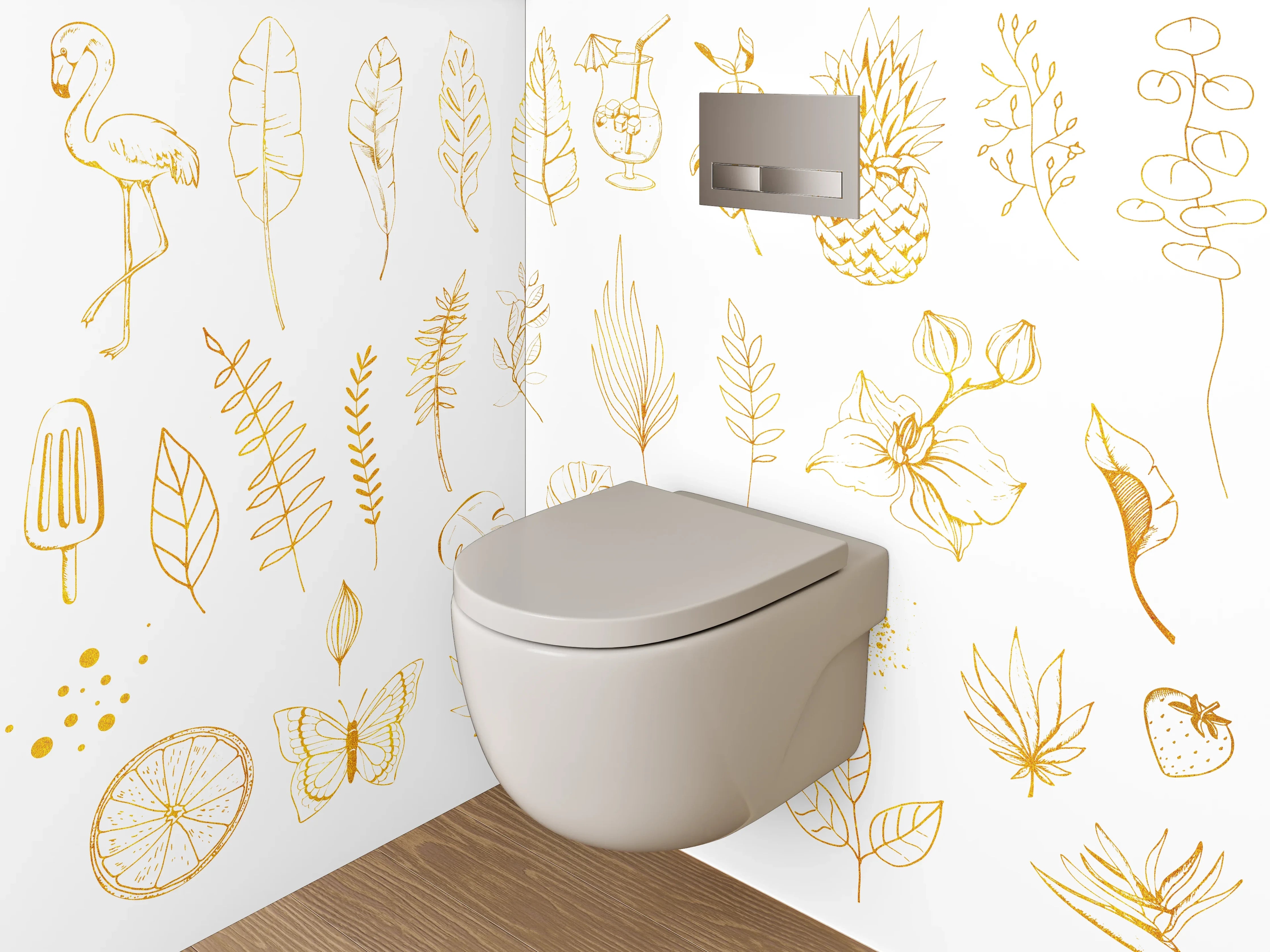 WC-Rückwand - Goldene botanische Lineart exotisch