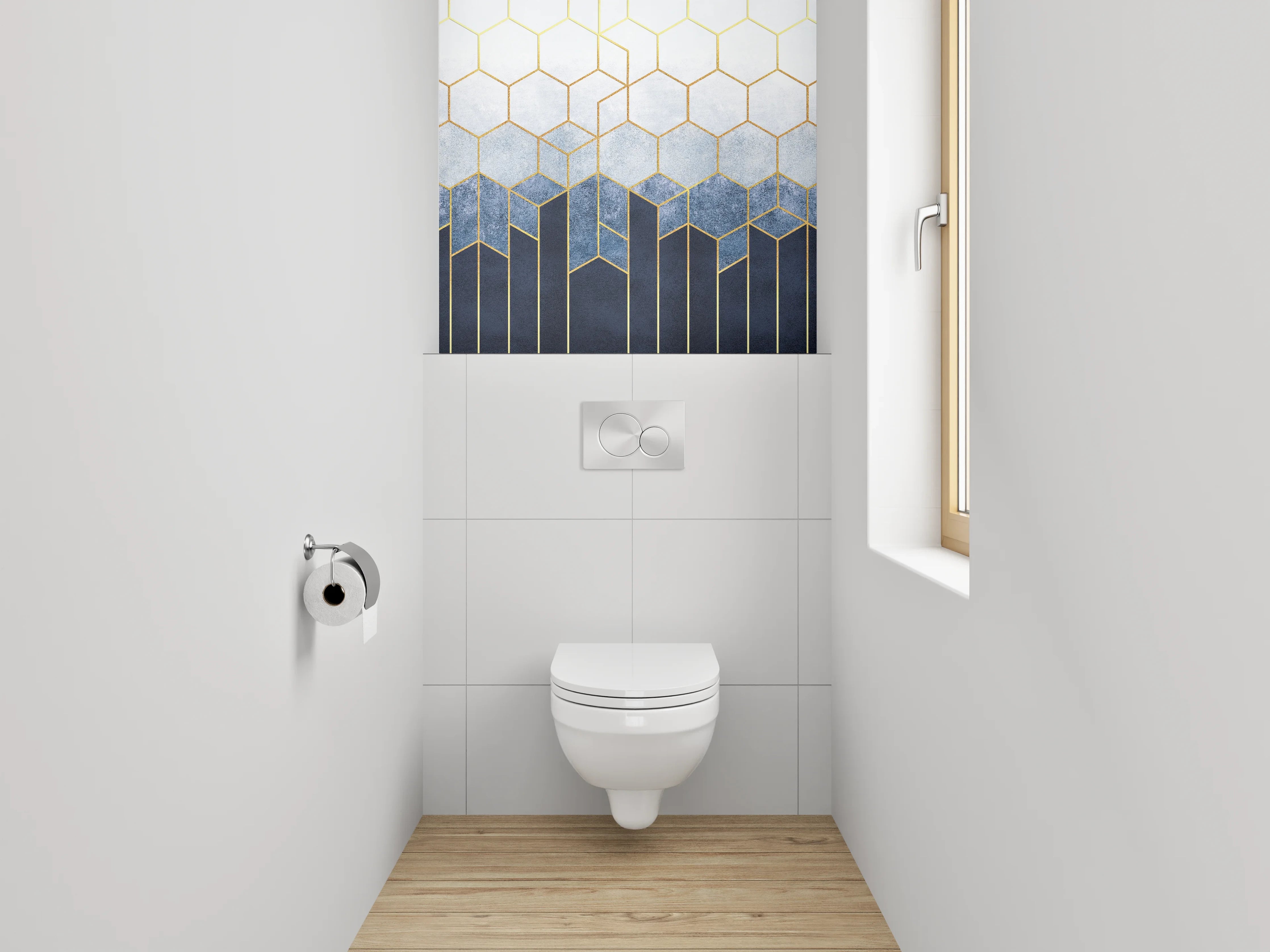 WC-Rückwand - Goldene geometrische Kunst auf Blau-Weiß