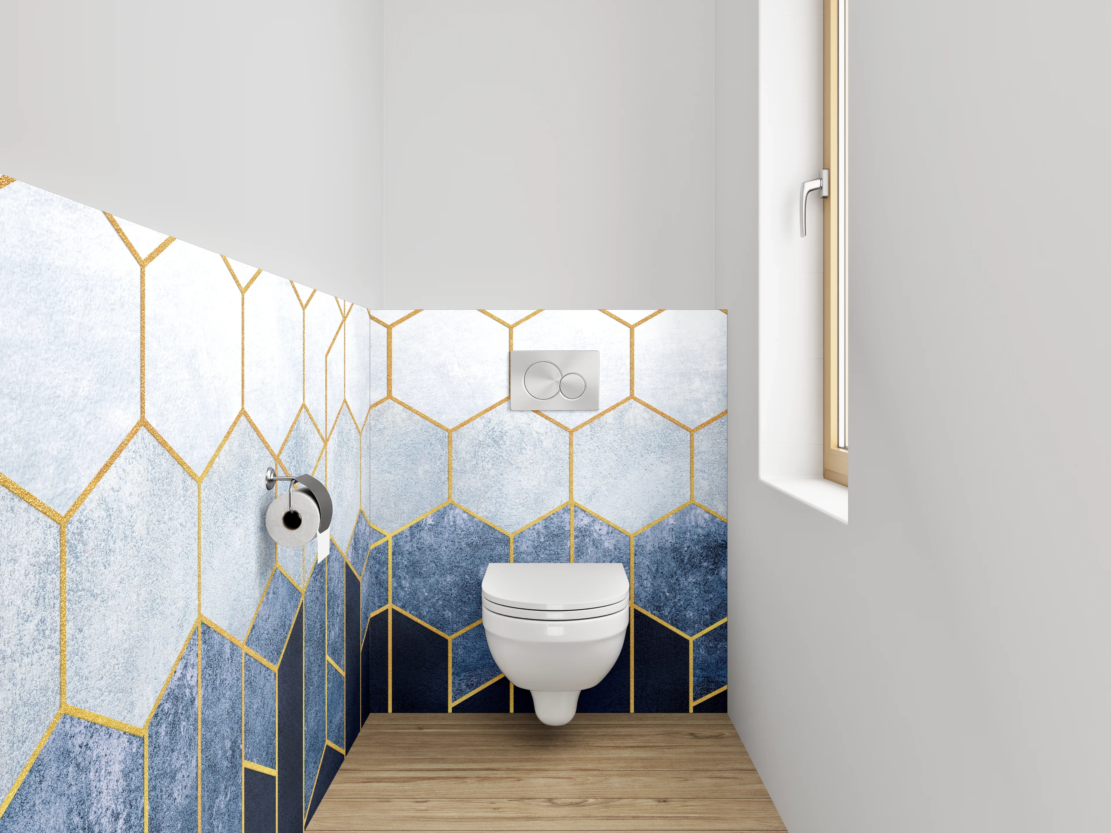 WC-Rückwand - Goldene geometrische Kunst auf Blau-Weiß